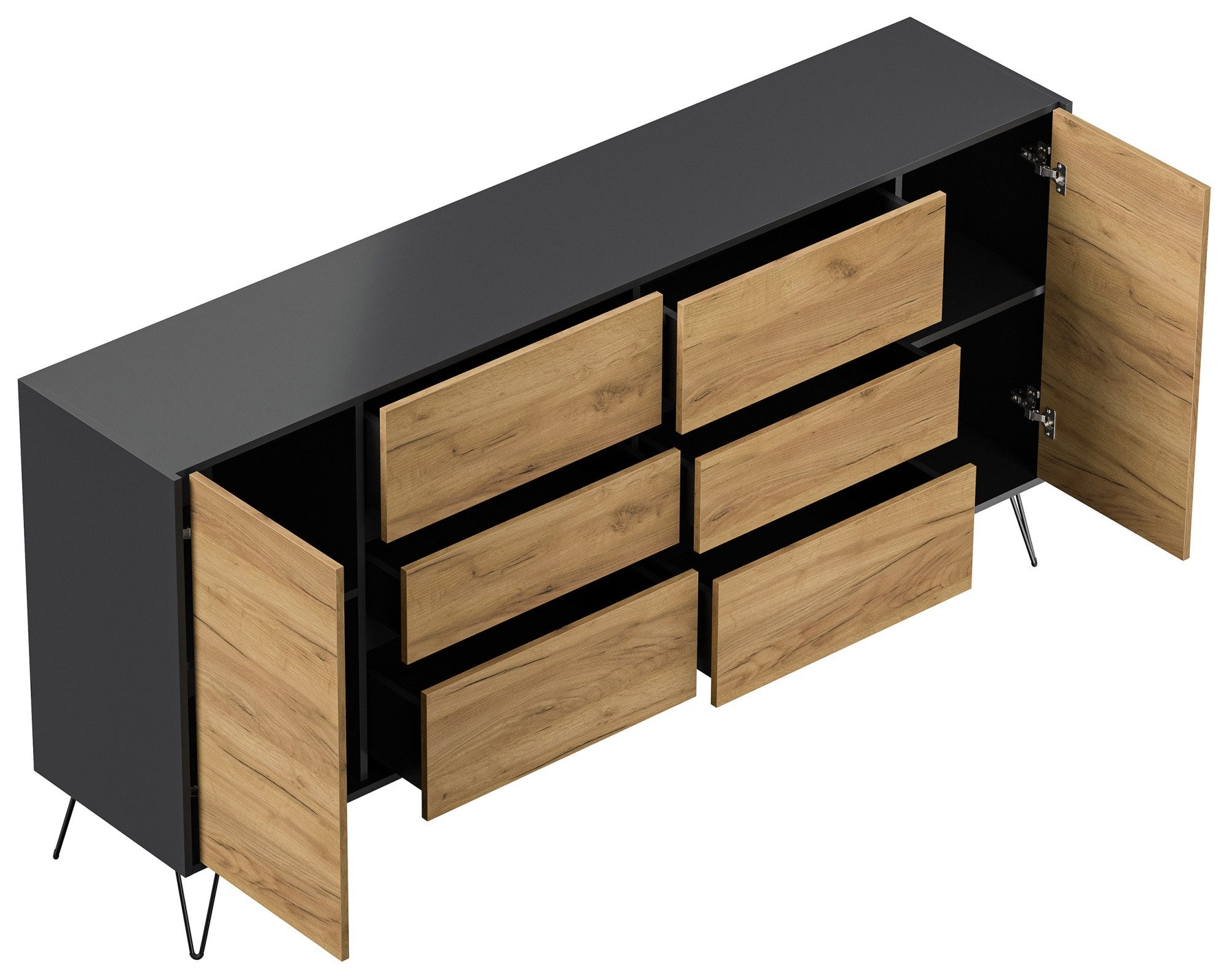 Magnolia Home Kommode Sideboard Yako XL 200cm 6 SoftClose 2 Türen Grafit/Eiche Front – Bild 4 von 5