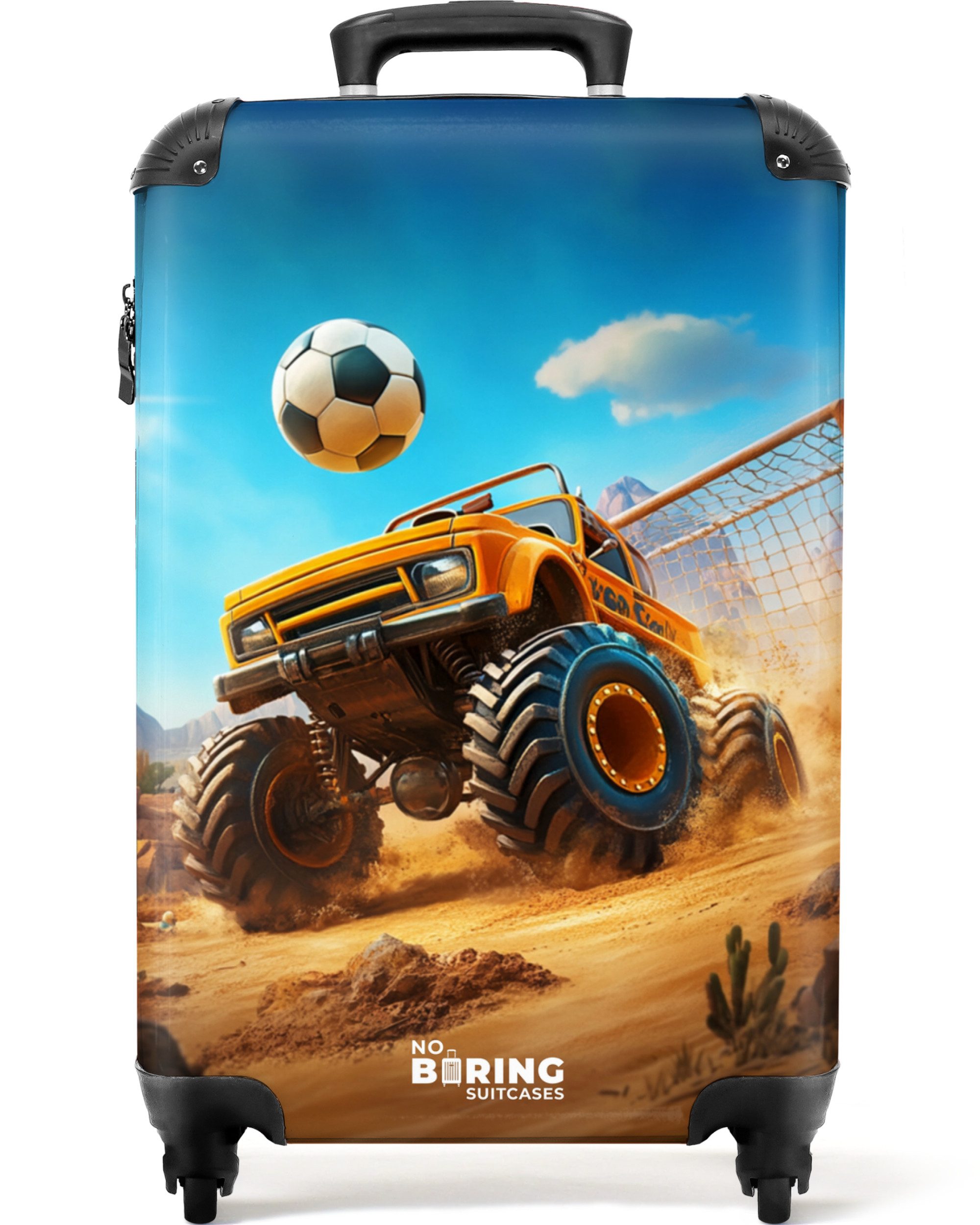 NoBoringSuitcases.com© Kinderkoffer Monstertruck schießt Tor im Wüstenstadion 55x35x20cm, 4 Rollen, Handgepäck Koffer, Hartschalenkoffer Kinder, Reisekoffer Jungen