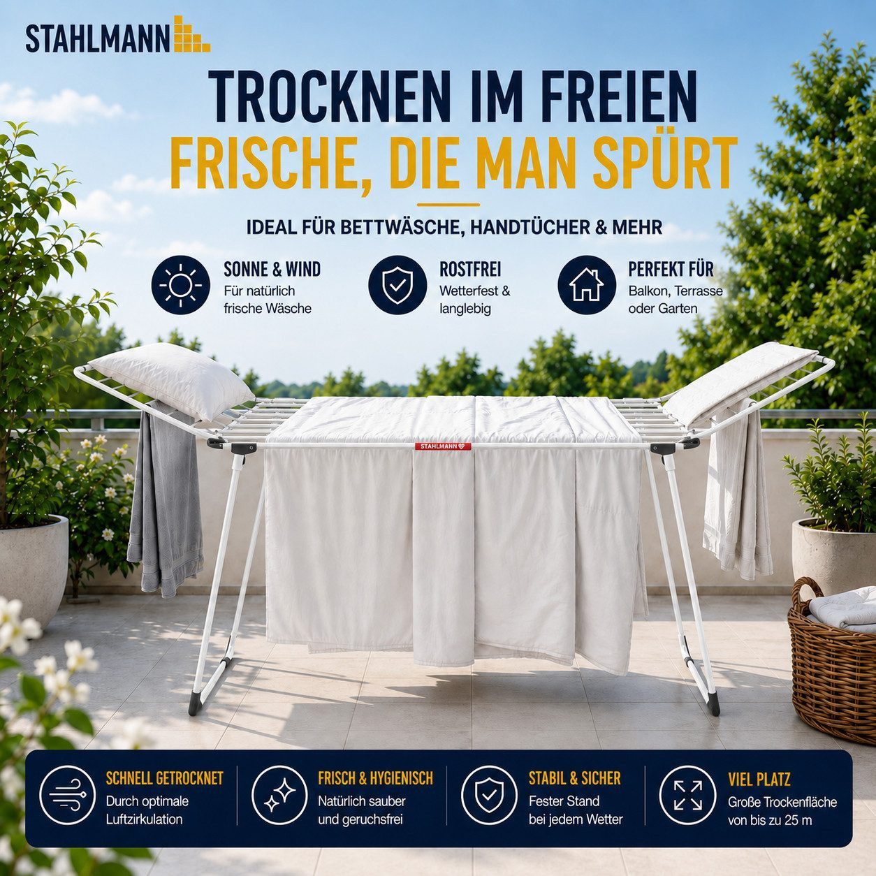 STAHLMANN Wäscheständer ausziehbar Premium XL [30 m Trockenfläche] mit Rollen und Flügel, Made in EU, Sockenhalter, klappbare Seitenflügel, für 3 Wäscheladungen – Bild 3 von 5
