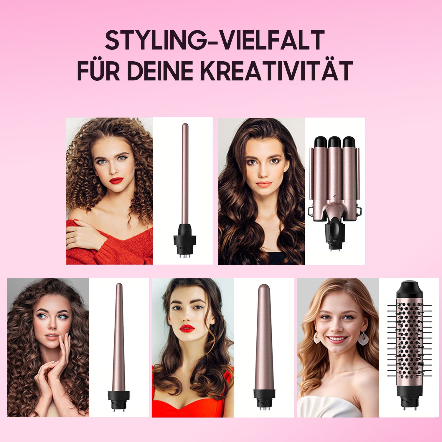 AIMAX Lockenstab Set 5 in 1, Lockenstab mit 3 Fässer und Multifunktion Lockenbürste, Keramik-Turmalin-Beschichtung, PTC-Schnellheizung Temperaturregelung und Schutzhandschuhen