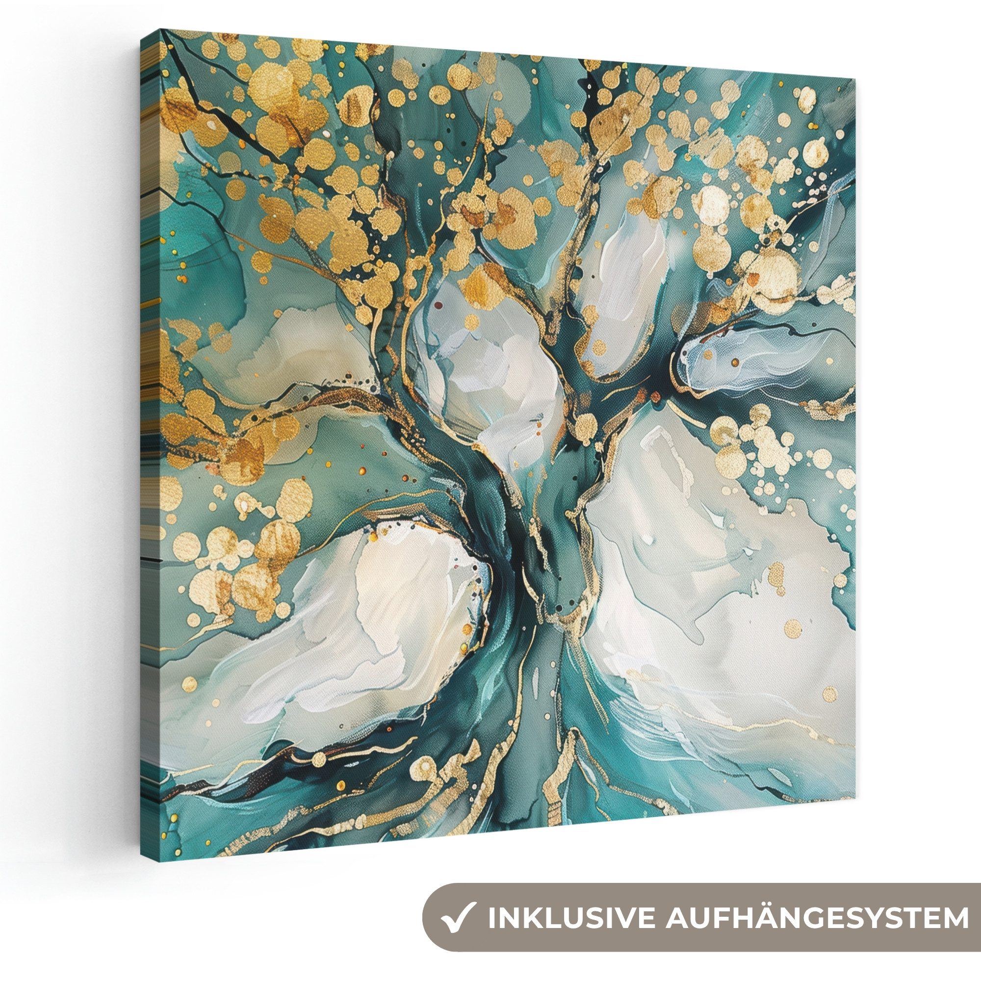 OneMillionCanvasses® Leinwandbild Baum - Modern - Farboptik - Türkis - Gold, Fotodruck (1 St), Wandbild, Deko Schlafzimmer Wohnzimmer Flur 20x20 cm