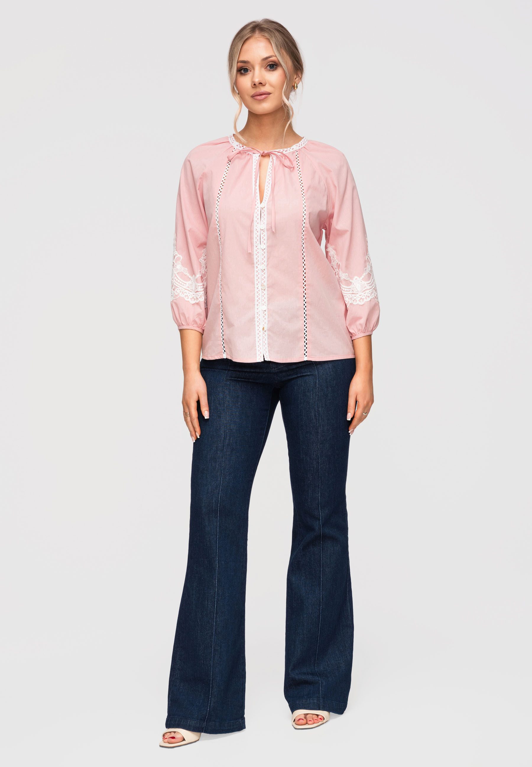 OMBRE Hemdbluse Damen Bluse Baumwolle Boho Stickerei Rose S (kein Set, 1-tlg) Ajour-Einsätze, Stickereien, Knopfleiste