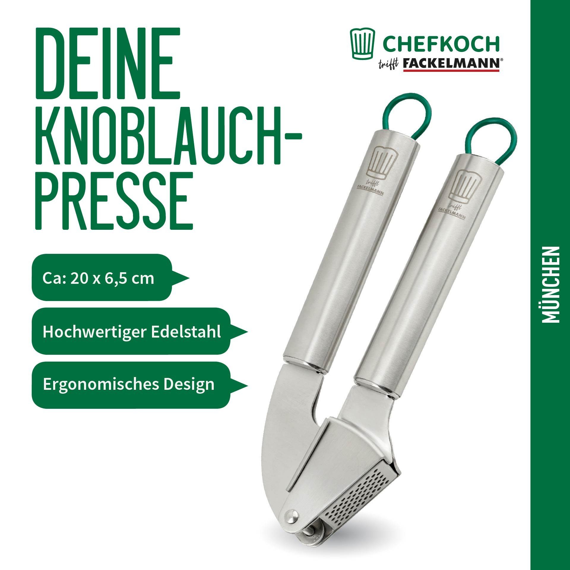 Chefkoch trifft Fackelmann Knoblauchpresse Knoblauchpresse aus Edelstahl – 200x65mm – in Silber/Grau/Grün