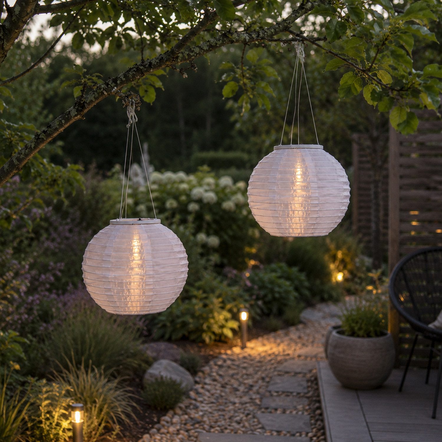 MARELIDA LED Lampion Solar Gartenlampions 25x21cm Party Balkon Laterne Sensor weiß 2er Set, LED Classic, warmweiß (2100K bis 3000K)