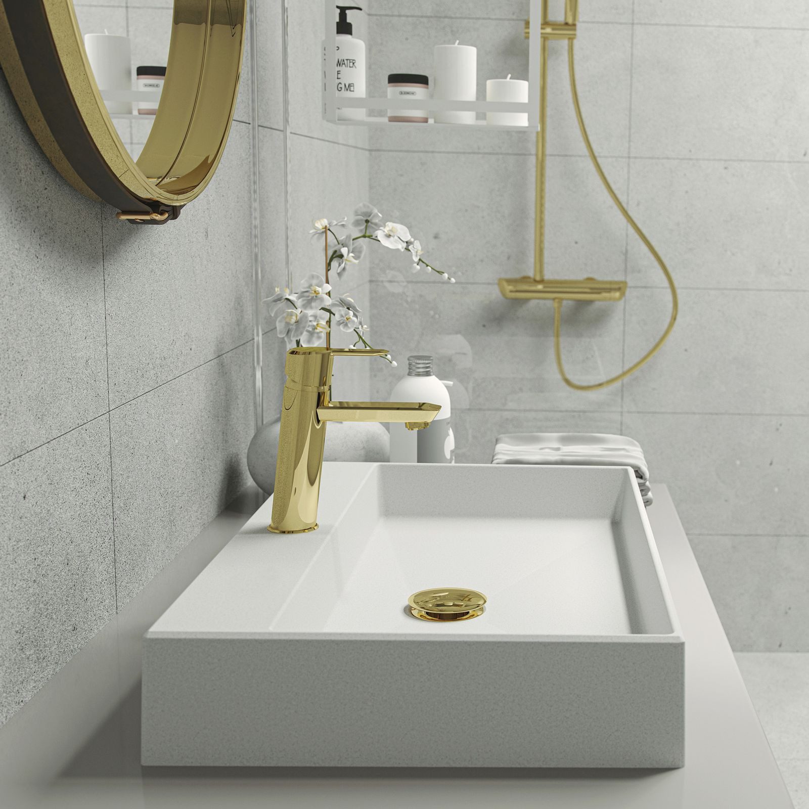 Deante Waschbecken Aufsatzwaschbecken Weiß eckig Granitoptik mit Armaturenbank (Komplett-Set)