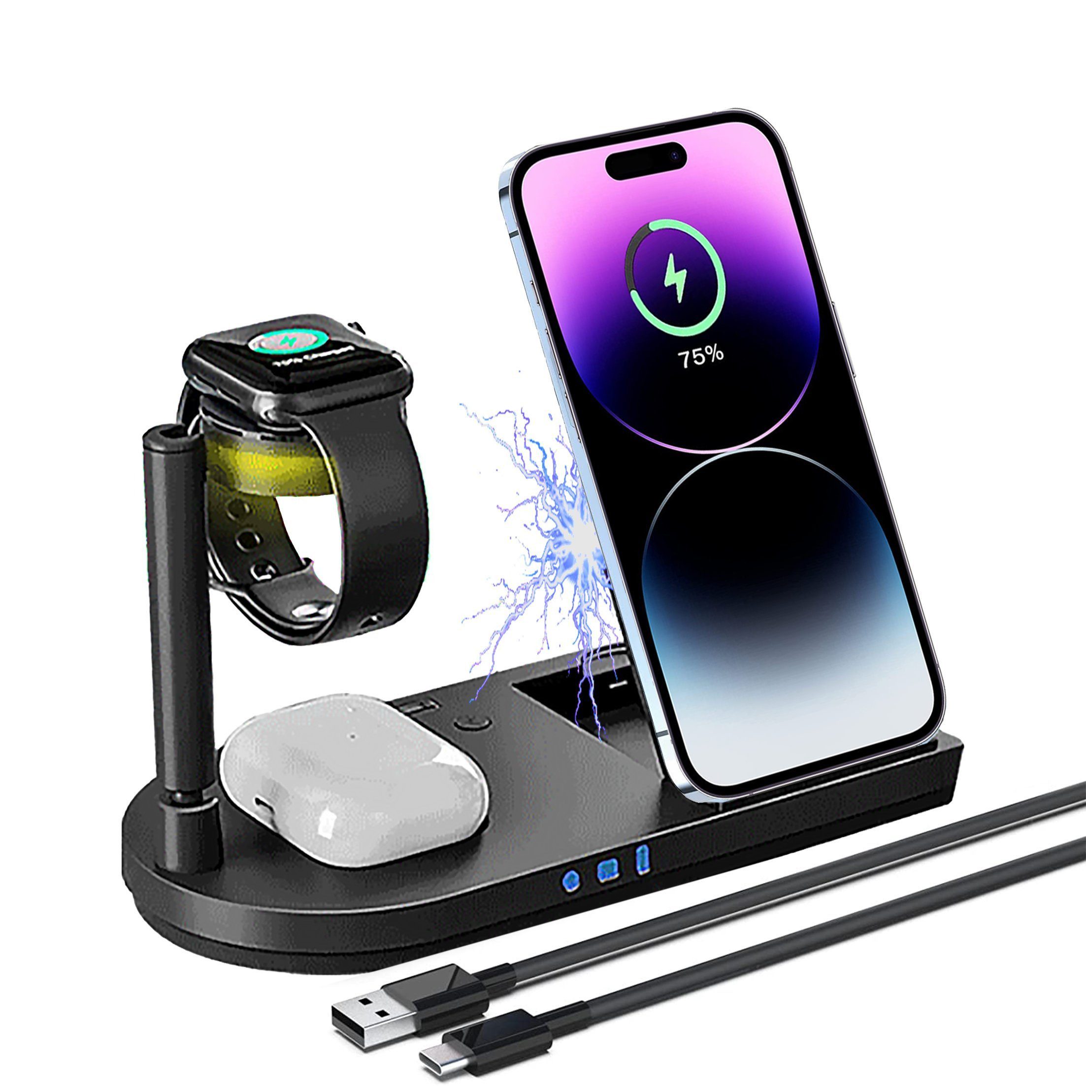 feinlux Speicherladestation Faltbares kabelloses 4-in-1-Ladegerät, Netzadapter, Set, 3-in-1 Multifunktions-Wireless-Ladegerät, Kompatibel mit AirPods/iPhone/iWatch Ladestation mit LED-Licht