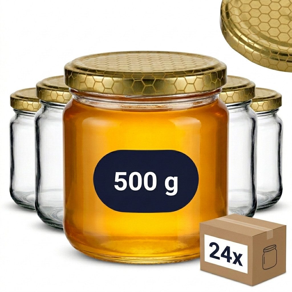 gouveo Honigglas 500g mit Schraub-Deckel - Leere Vorratsgläser 405 ml für Honig, Metall TO82 goldfarben, (24-tlg)