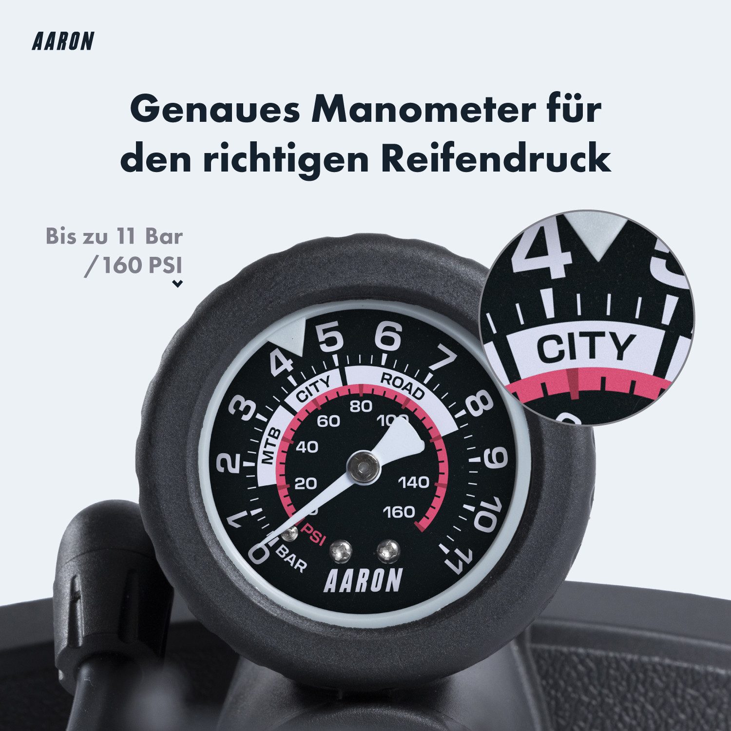 AARON Luftpumpe AIR Standpumpe mit Manometer und Ball-Aufsatz, Fahrrad, Schwarz