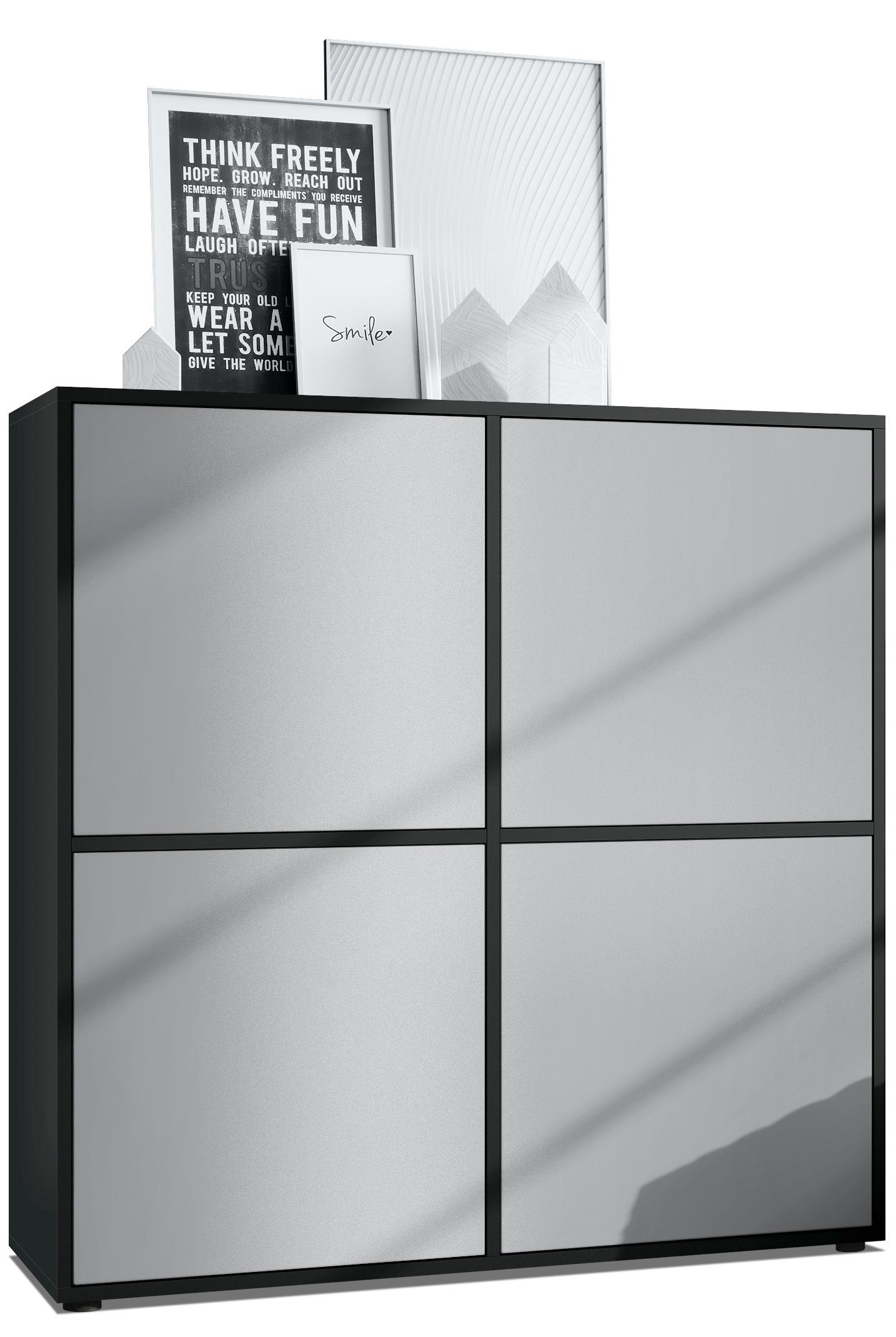 Vladon Highboard Cuba V2 (Schrank, 104 x 105,5 x 35,5 cm Sideboard mit 8 Fächern), Korpus in Schwarz matt / Fronten in Hellgrau seidenmatt