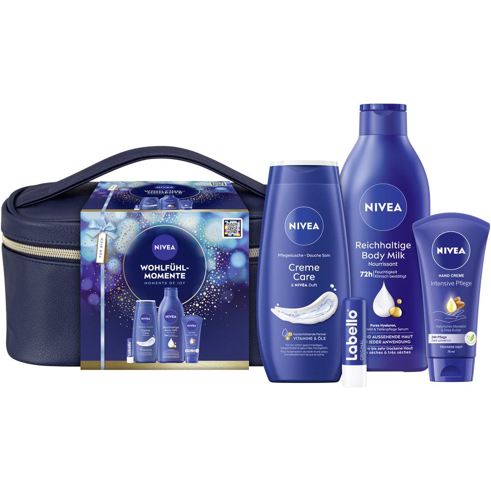 Nivea Hautpflege-Set WOHLFÜHLMOMENTE - MOMENTS OF JOY Set, 4-tlg., mit Pflegedusche, Body Milk, Handcreme, Lippenpflege