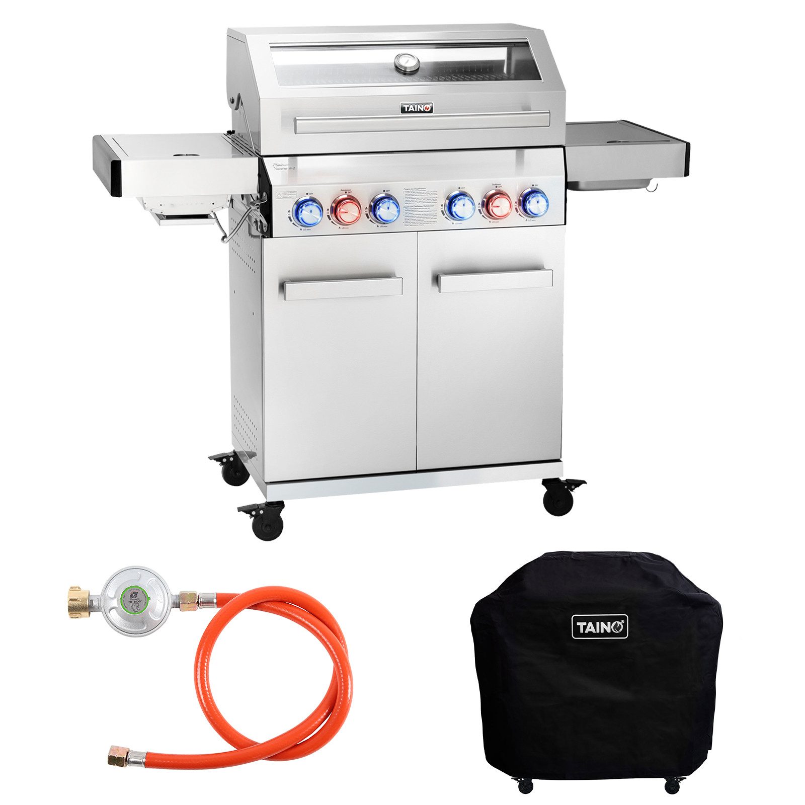 TAINO Gasgrill PLATINUM YAMARA 4+2 + Haube, Spar-Set, Grillwagen, Sear-Zone, 4 Brenner, Silber