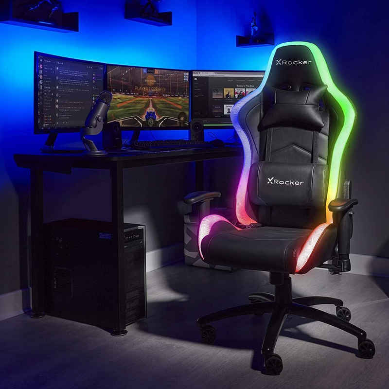 X Rocker Gaming-Stuhl »X Rocker Bravo RGB ergonomischer Gaming Stuhl / Bürostuhl / Schreibtischstuhl mit 3D-Armlehnen & LED-Beleuchtung, drehbar und höhenverstellbar bis 120kg«, LED-Umrandung, Einstellungsmöglichkeiten Rückenlehne, Komfortkissen