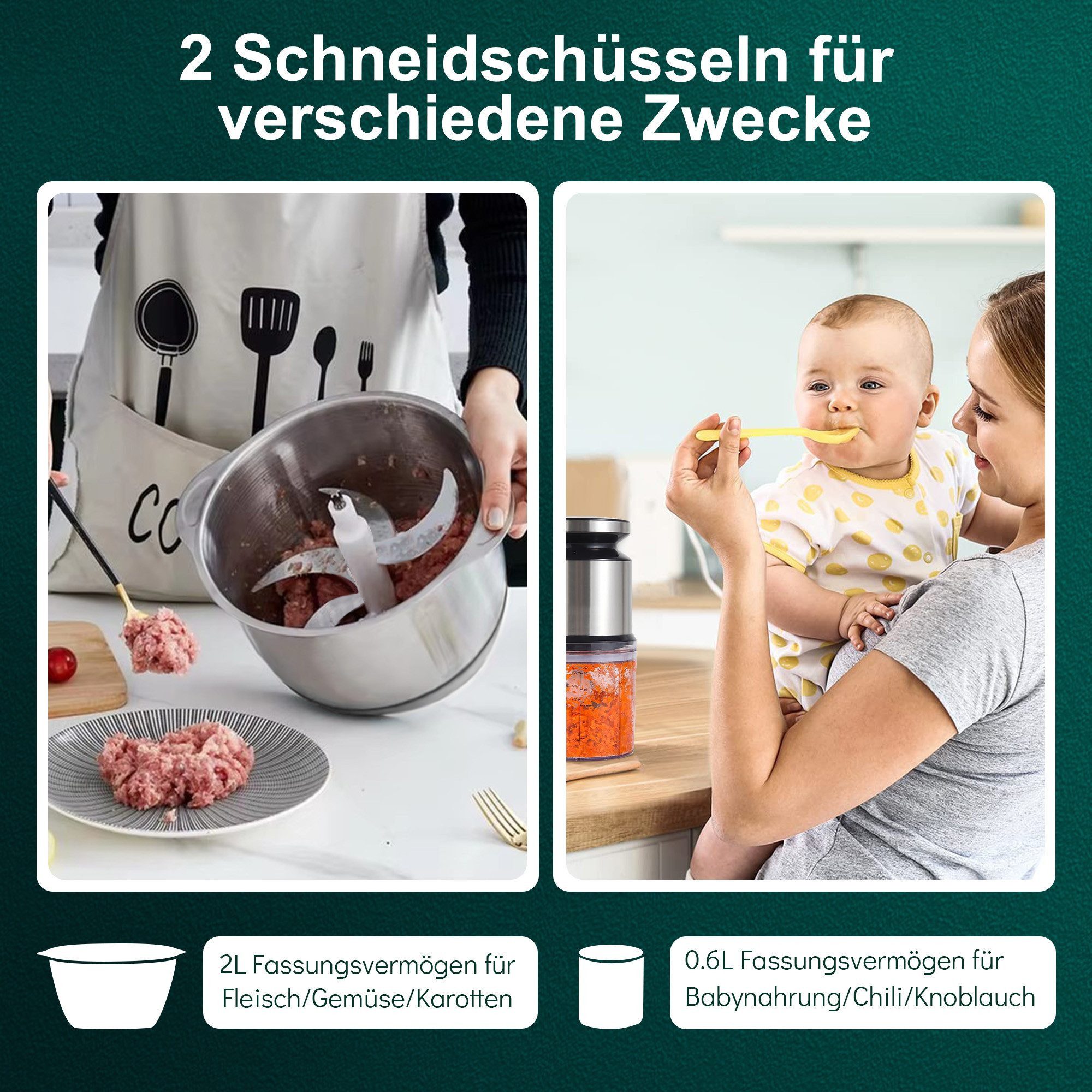 Forrlite Zerkleinerer Stabmixer Universalzerkleinerer Elektrisch mit 2L Edelstahlschüssel, 1000 W, Multizerkleinerer mit 2 Klingen für Fleischwolf Zwiebeln Gemüse