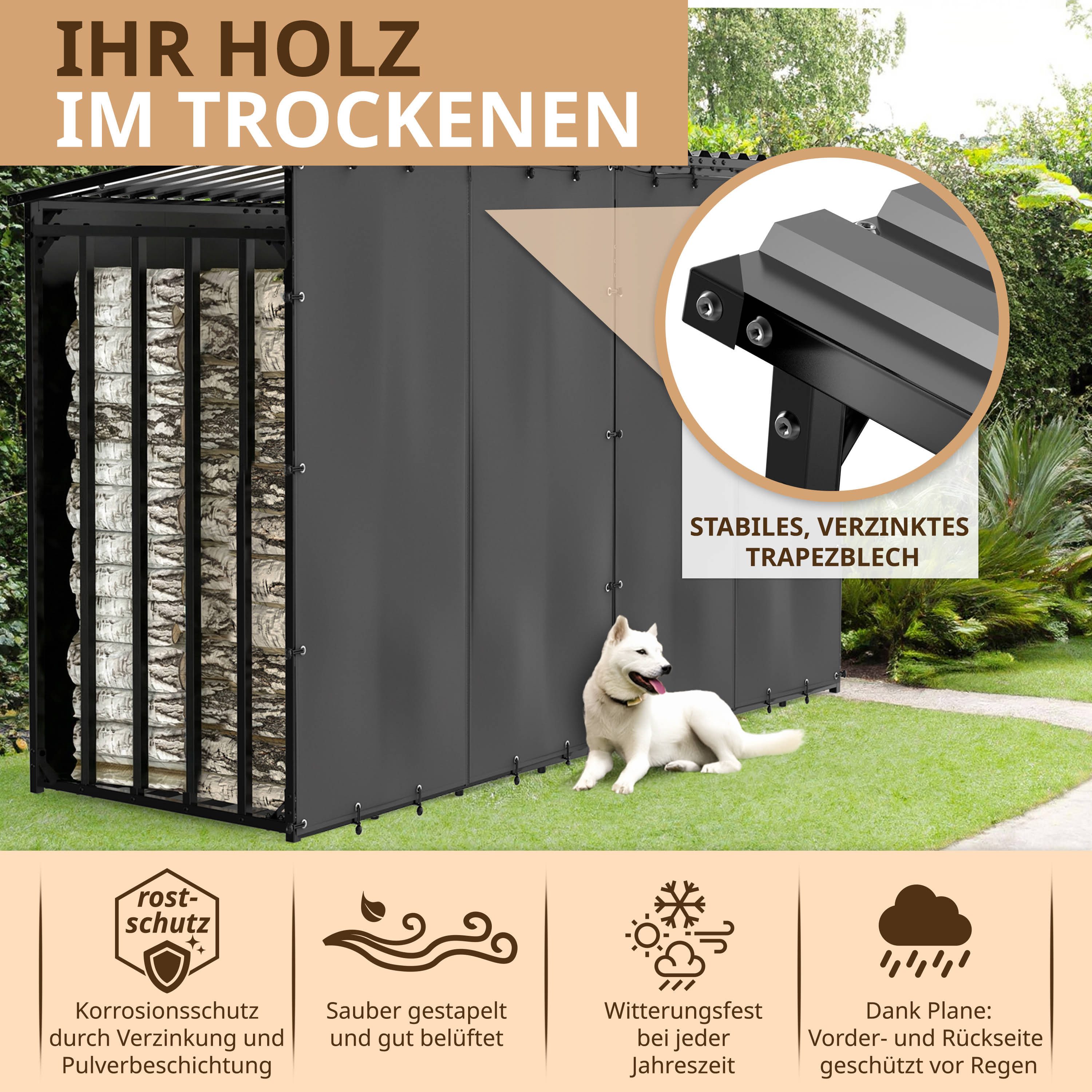 LAWA Living and Lifestyle Kaminholzregal außen Metall 3m mit Dach Abdeckplane 1m tief XXL Holzunterstand Garten, BxTxH:300.00x105.00x185.00 cm, verzinkt, wetterfest