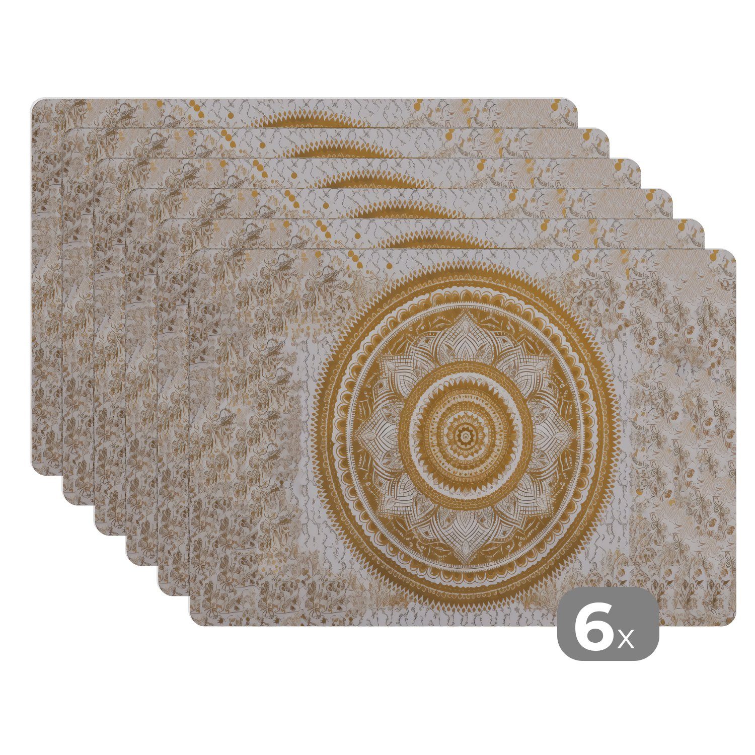 Platzset, Mandala - Blumen - Gold - Weiß - Design, MuchoWow, (6-St), Platzset, Platzdecken, Platzmatte, Tischmatten, Schmutzabweisend