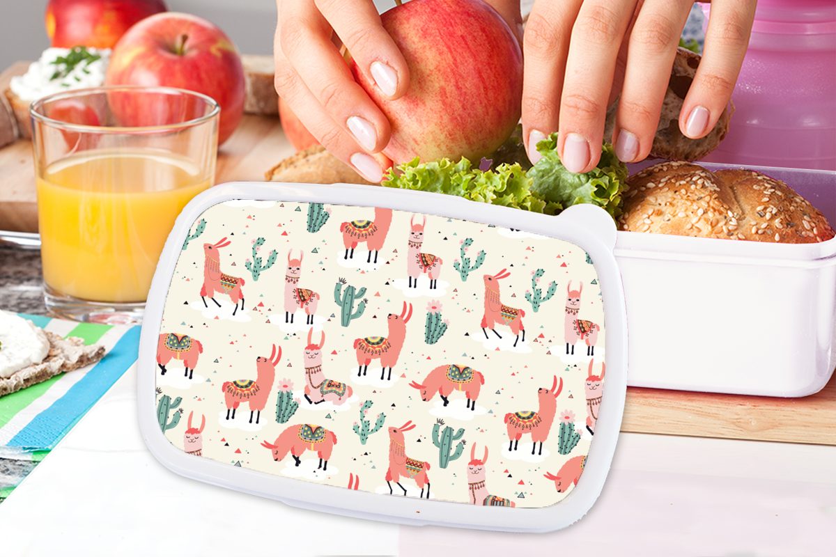 Lunchbox - Erwachsene, und Mädchen Kinder - Brotdose, Kunststoff, Muster für weiß für Jungs Kaktus, (2-tlg), und MuchoWow Brotbox Lama