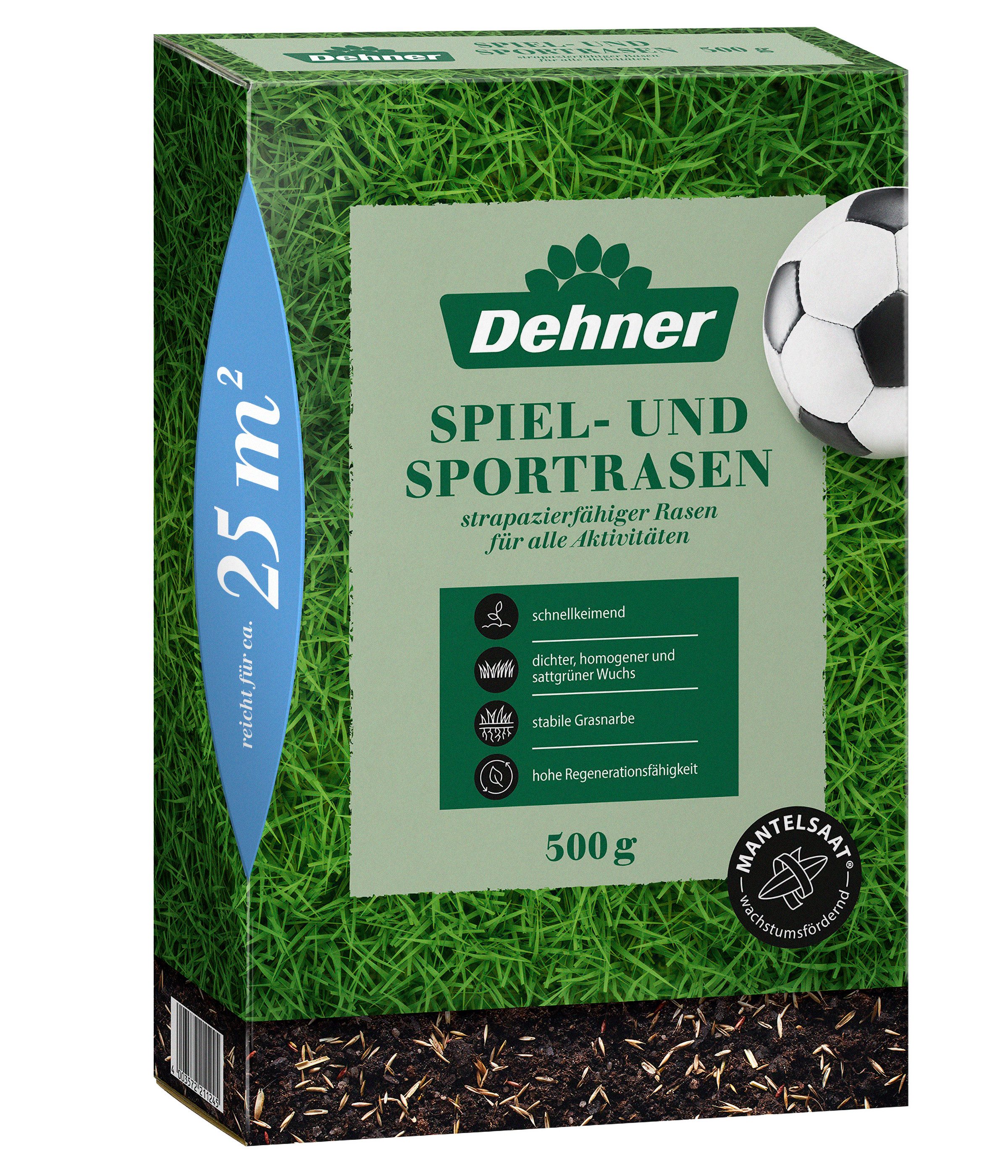 Dehner Rasensamen Spielrasen Saatgut, schnell keimend, pflegeleicht, verschiedene Größen, 0,5 kg, Für ca. 200 m², dicht, strapazierfähig, ideal für Spielflächen