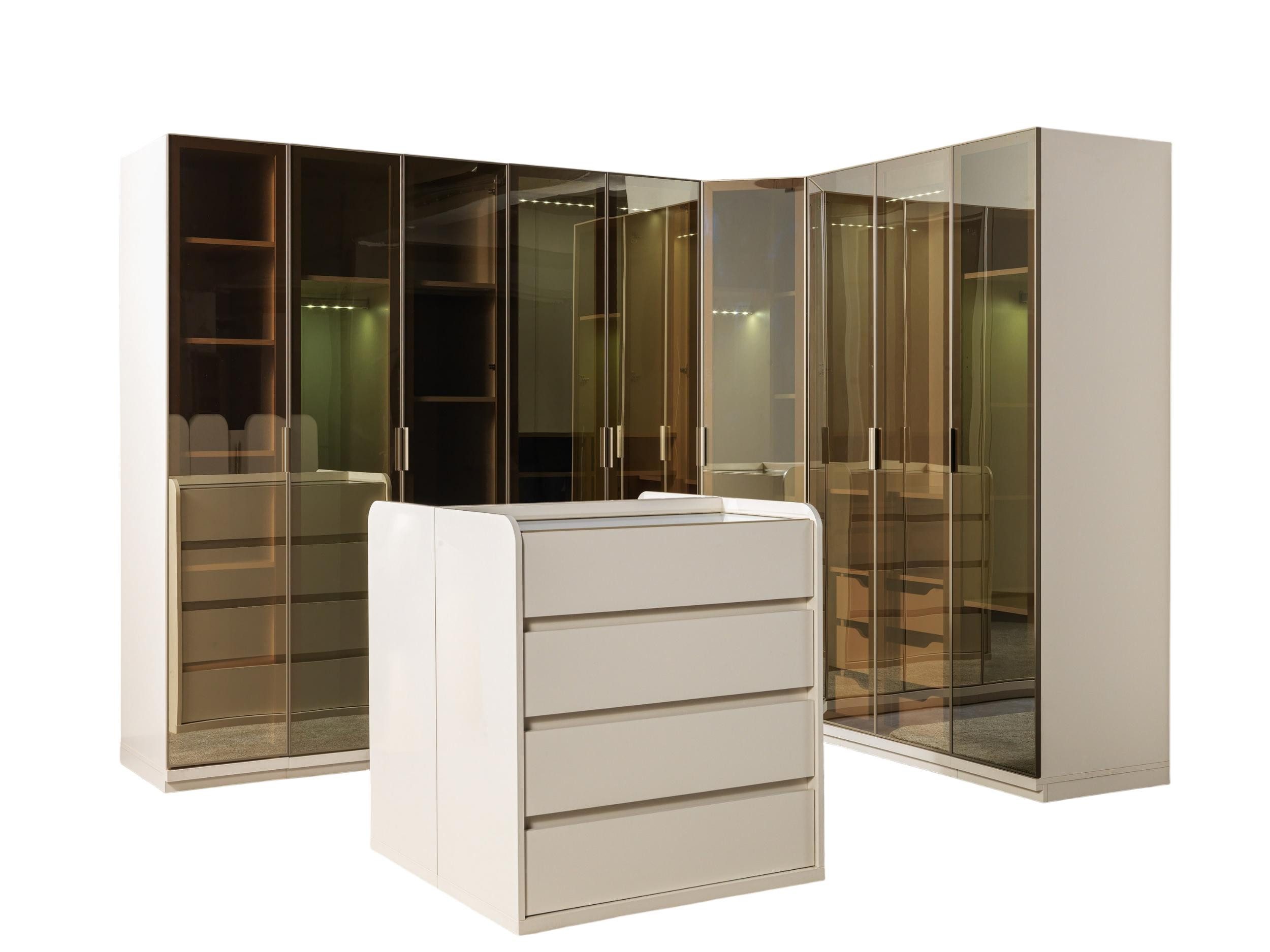 JVmoebel Kleiderschrank Begehbarer Eckschrank mit praktischer Insel aus hochwertigem Material (Eckschrank, 2x Kommoden) Made in Europe