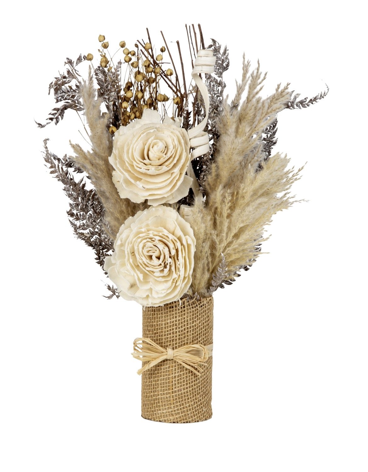 Trockenblume Blumenarrangement Deko Blumen getrocknet in Naturfarben, XiRRiX, Höhe 36 cm, Trockengesteck Creme Rosendeko
