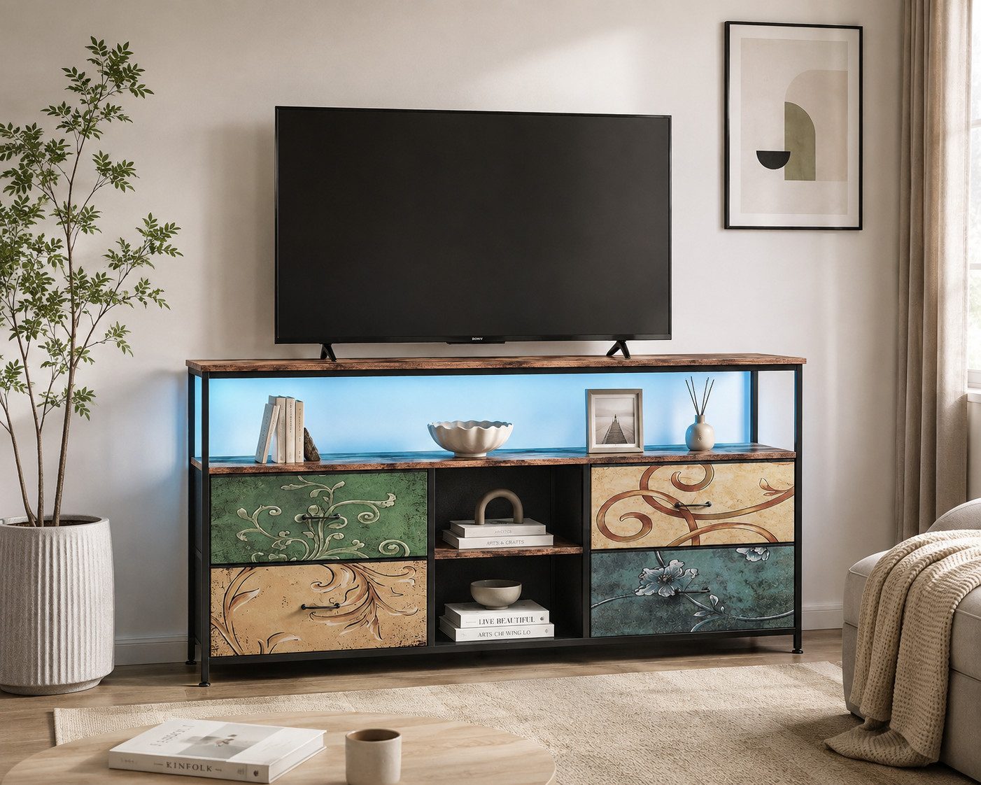 Simurq TV-Schrank TV-Schrank,TV-Ständer mit faltbaren Schubladen und Regalen,mit LED (3 Ablage, 4 Schubladen, Industrie-Stil) 1er Set, mit LED