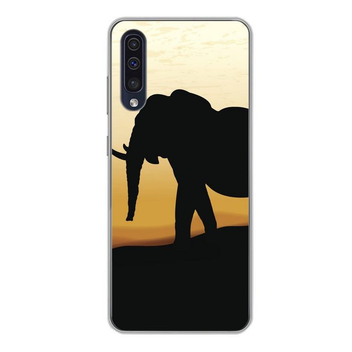 MuchoWow Handyhülle Eine Illustration eines afrikanischen Elefanten bei Sonnenuntergang Handyhülle Samsung Galaxy A50 Smartphone-Bumper Print Handy