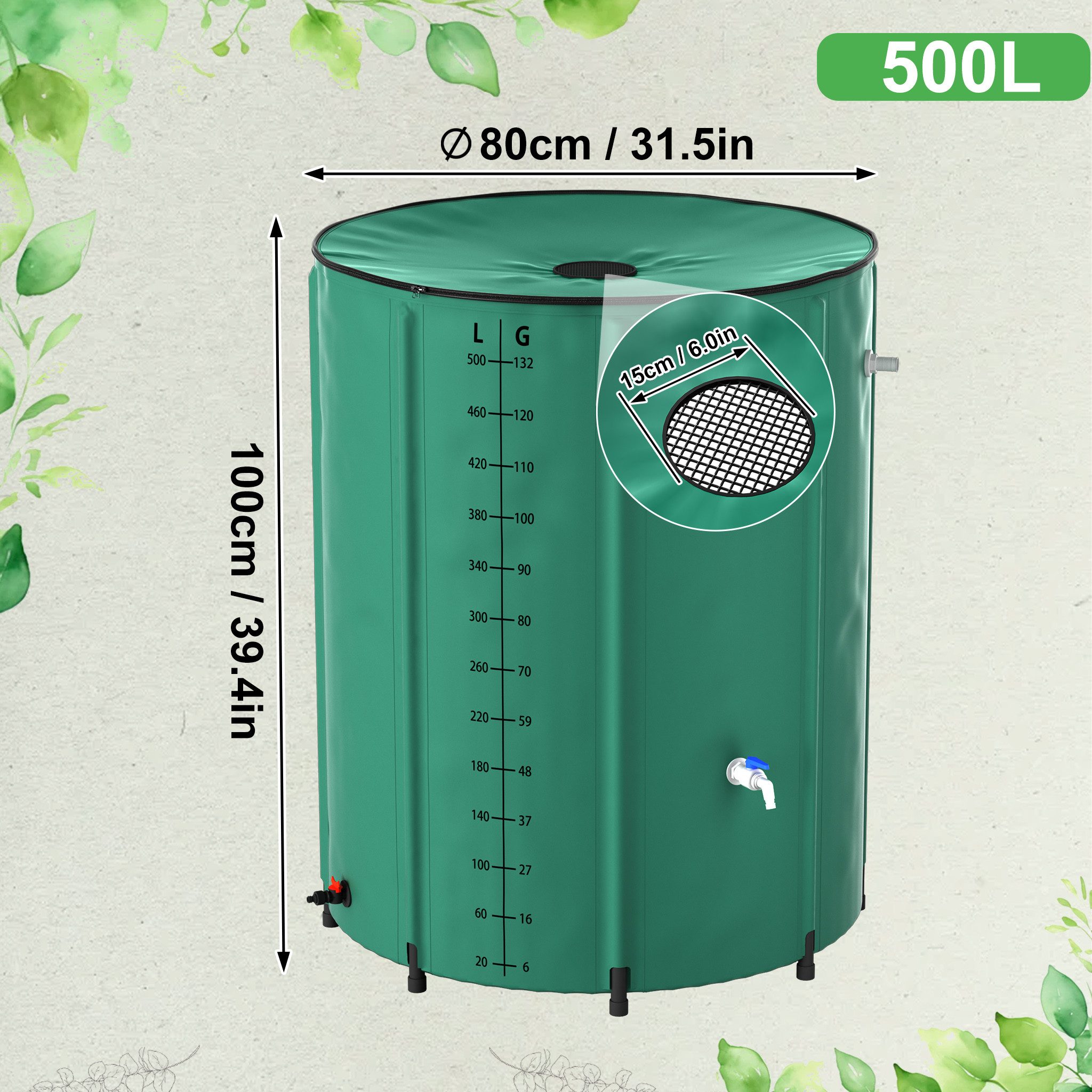 FIVMEN Regentonne Regenwassertonne faltbar Regenfass Wassertank Regenwassertank mit Hahn, 500 l, (200L / 380L / 500L / 750L), für Garten Balkon Regenfass mit Ablassventil und Überlaufschutz