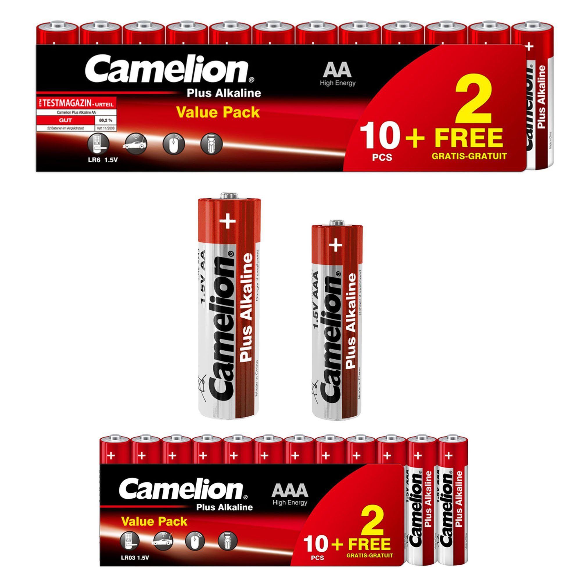 Camelion Batterien Alkaline Plus Mignon AA LR6 Micro AAA Batterie, (1 St), LR03, Universal, High Energy, 1,5V AA / LR6