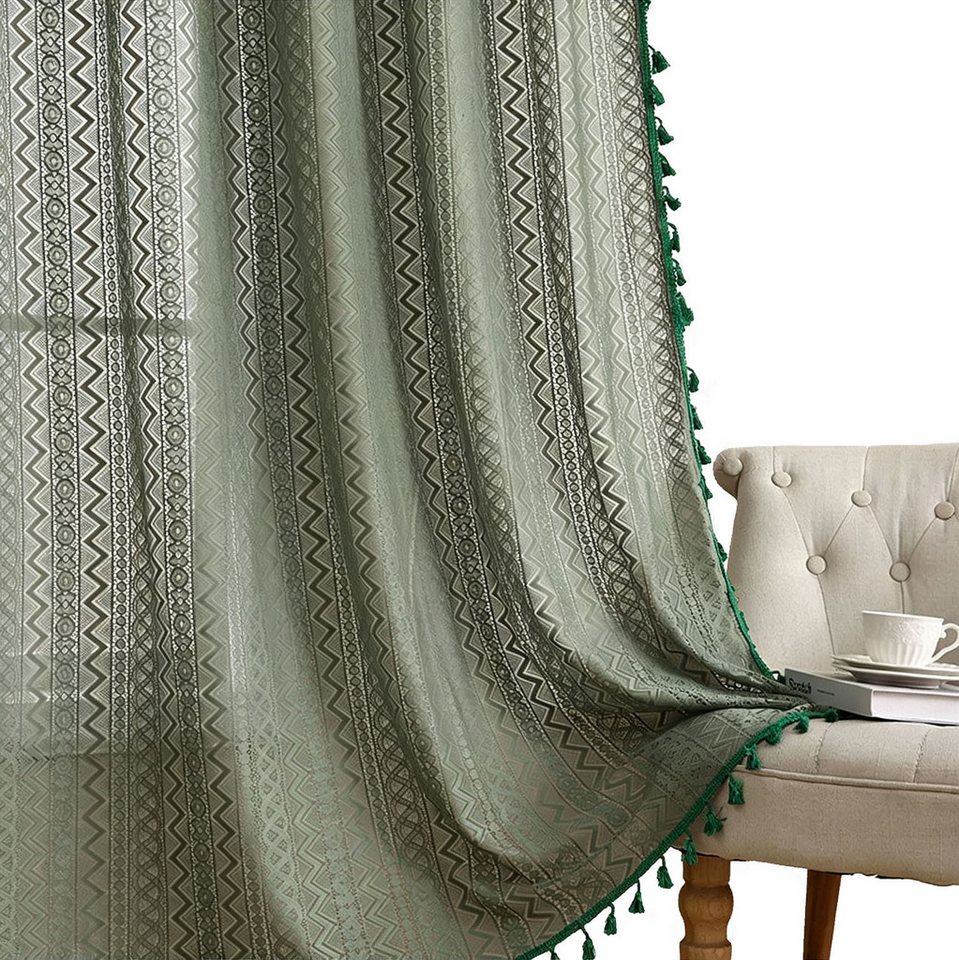 Diwzbyn Gardine Boho-Fransen-Vorhang, Vintage-Häkelspitzen-Gardine, Wellenförmiger Ösenvorhang aus Voile für Wohnzimmer und Schlafzimmer