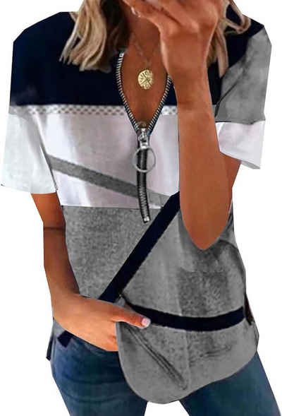 BlauWave Kurzarmshirt Sommer Damen Zip V-Ausschnitt Print Loose (1-tlg., Casual Pendler Kurzarm T-Shirt Tops) Geeignet für tägliche Reisen