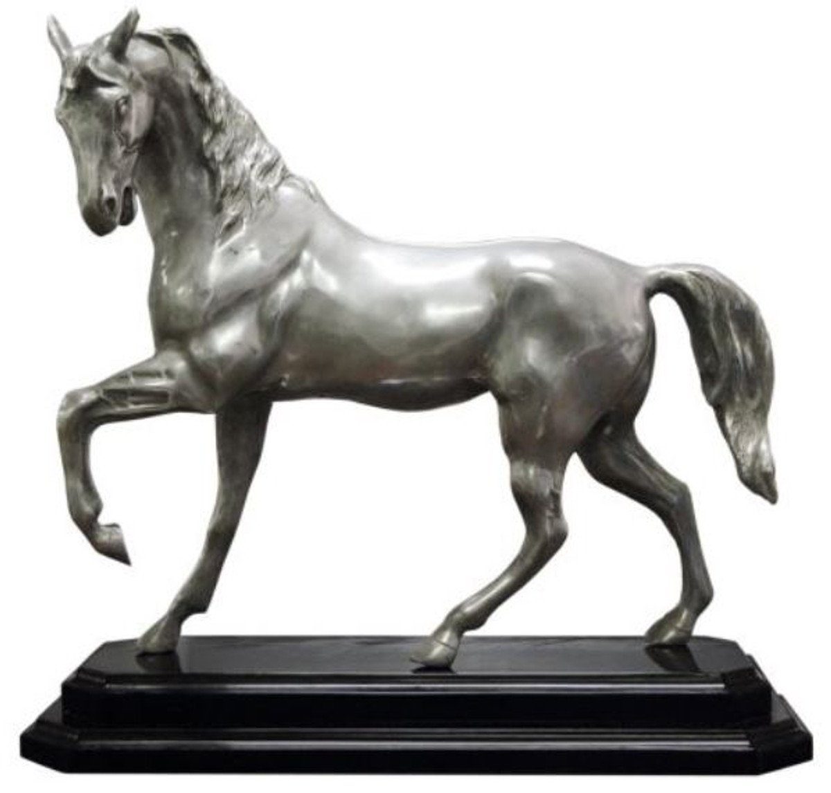 Casa Padrino Dekofigur Luxus Bronzefigur Pferd mit Holzsockel Silber / Schwarz 42 x 17 x H. 40 cm - Versilberte Deko Figur