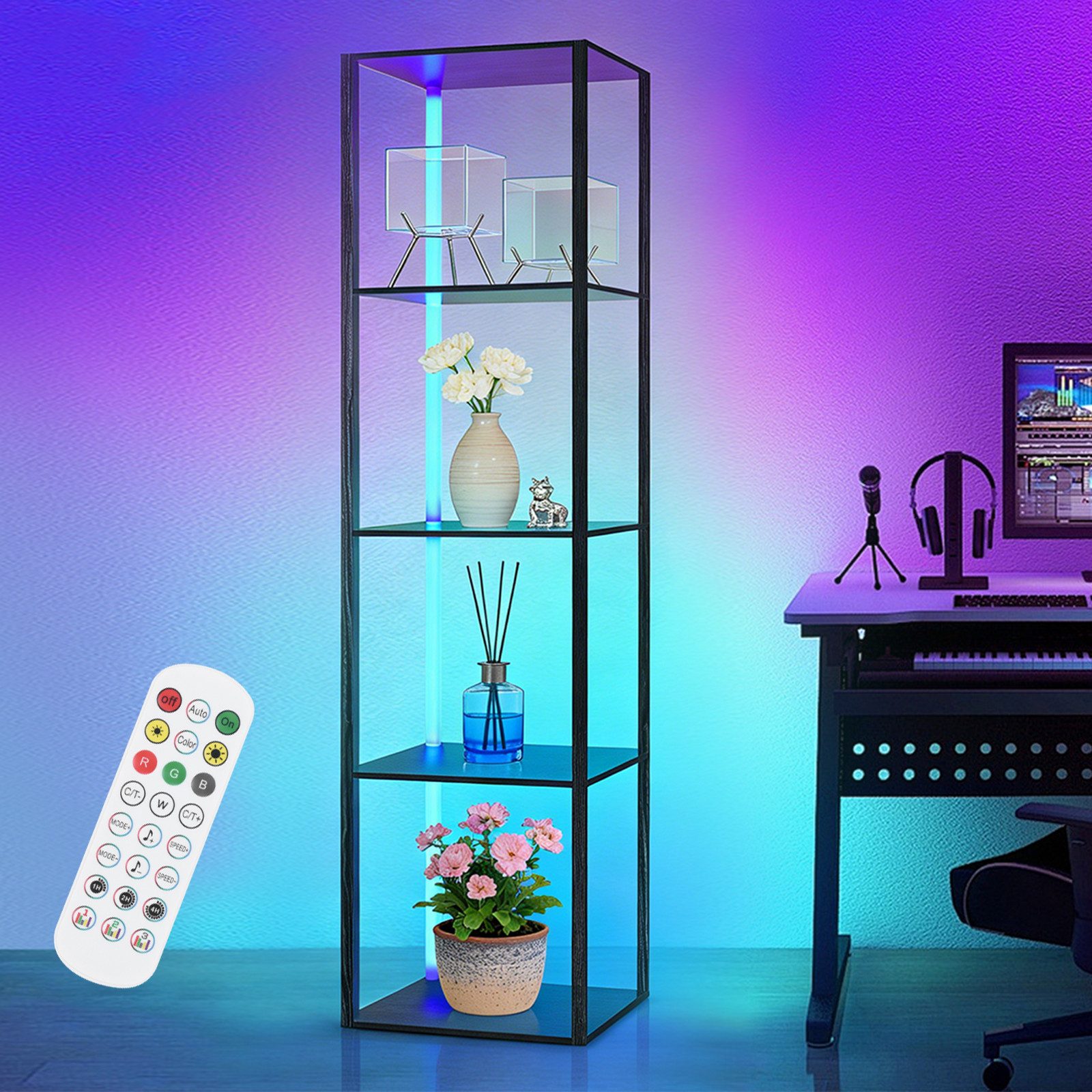 XIIW Standregal LED Dimmbar Bücherregal Standleuchte Sammlervitrine Stehend Eckregal, 5 Ebenen 160x39x29cm Einstellbarer LED-Beleuchtung, Holz Stehlampe für Büro Wohnzimmer Schlafzimmer