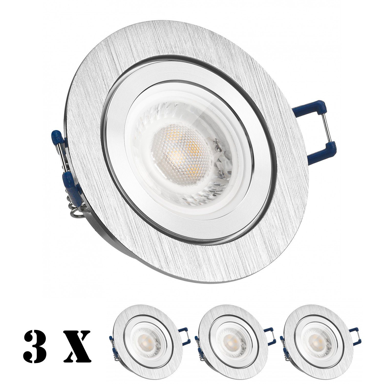 LEDANDO LED Einbaustrahler 3er IP44 LED Einbaustrahler Set extra flach in aluminium gebürstet mit