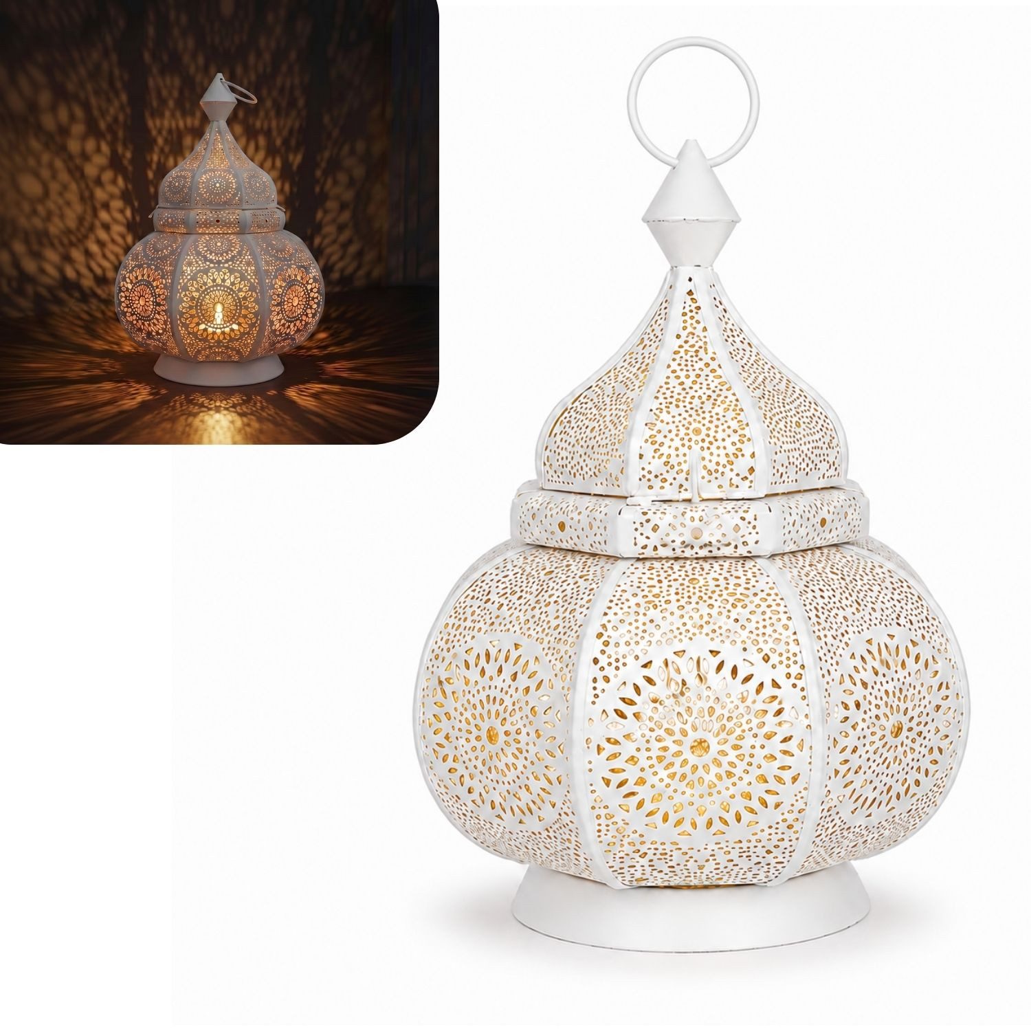 Marrakesch Orient & Mediterran Interior Teelichthalter Orientalisches Windlicht Ziva handgefertigt aus Metall in Weiß 30 cm (1 St), Handarbeit