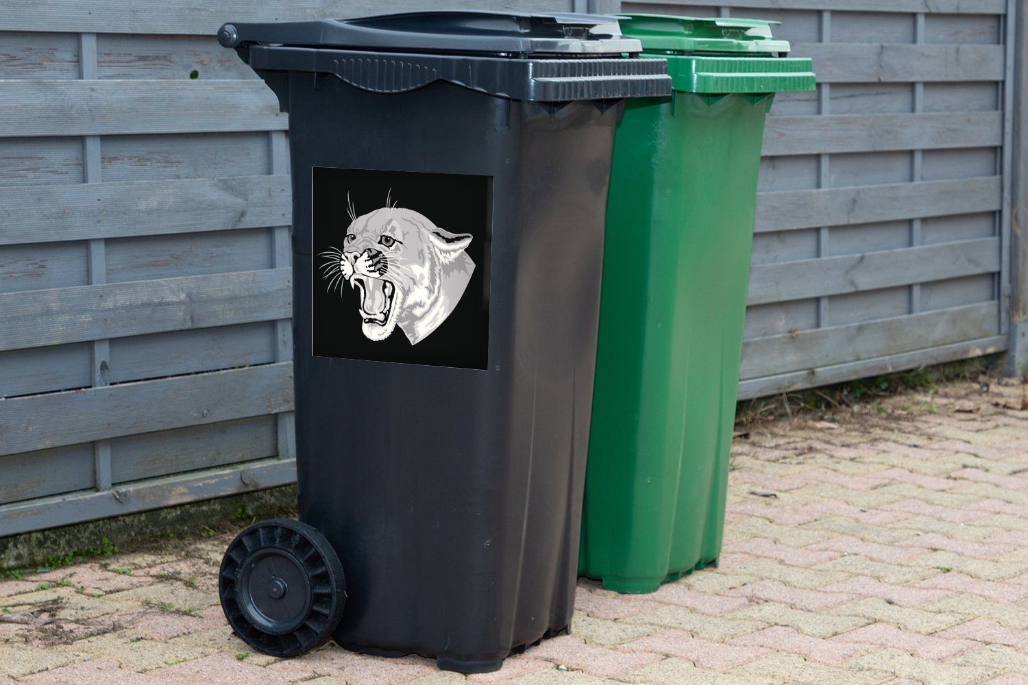 MuchoWow Wandsticker Eine Container, eines (1 Kopfes Mülleimer-aufkleber, Mülltonne, des Sticker, Illustration schwarz-weiß St), Abfalbehälter in Pumas