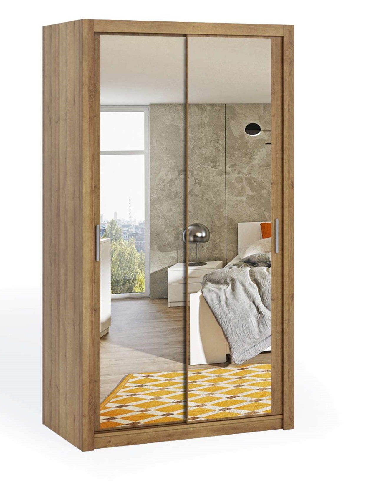 Stylefy Schwebetürenschrank Mela (Kleiderschrank, Mehrzweckschrank) 120/150/180/200/220 x 215 cm, mit Spiegel, aus Holzwerkstoff, viel Stauraum, Modern Design Wotan Eiche