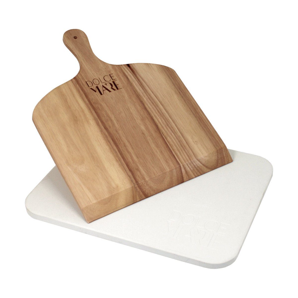 Dolce Mare Pizzastein Set Weiss Holz Pizzaschieber Edelstahl Pizzaschneider