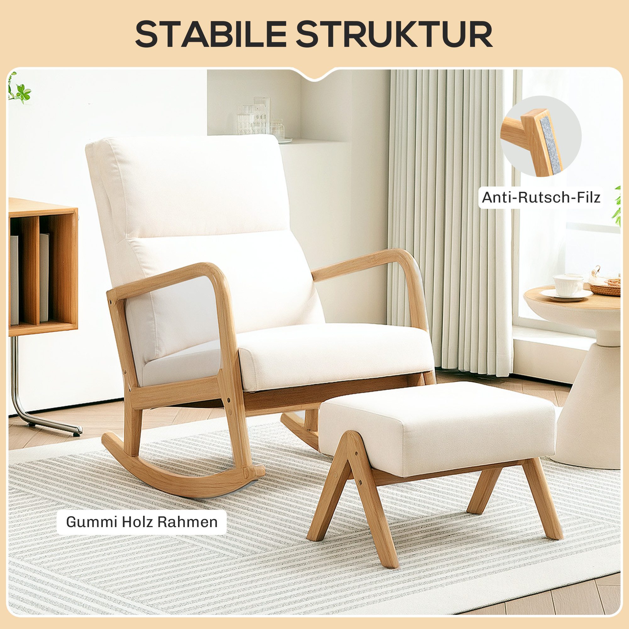 HOMCOM Schaukelsessel Schaukelstuhl mit Hocker und Leinenoptik, Polstersessel (Relaxsessel, 2-St., Schwingsessel), für Schlafzimmer, Wohnzimmer, bis 150 kg bela – Bild 5 von 5