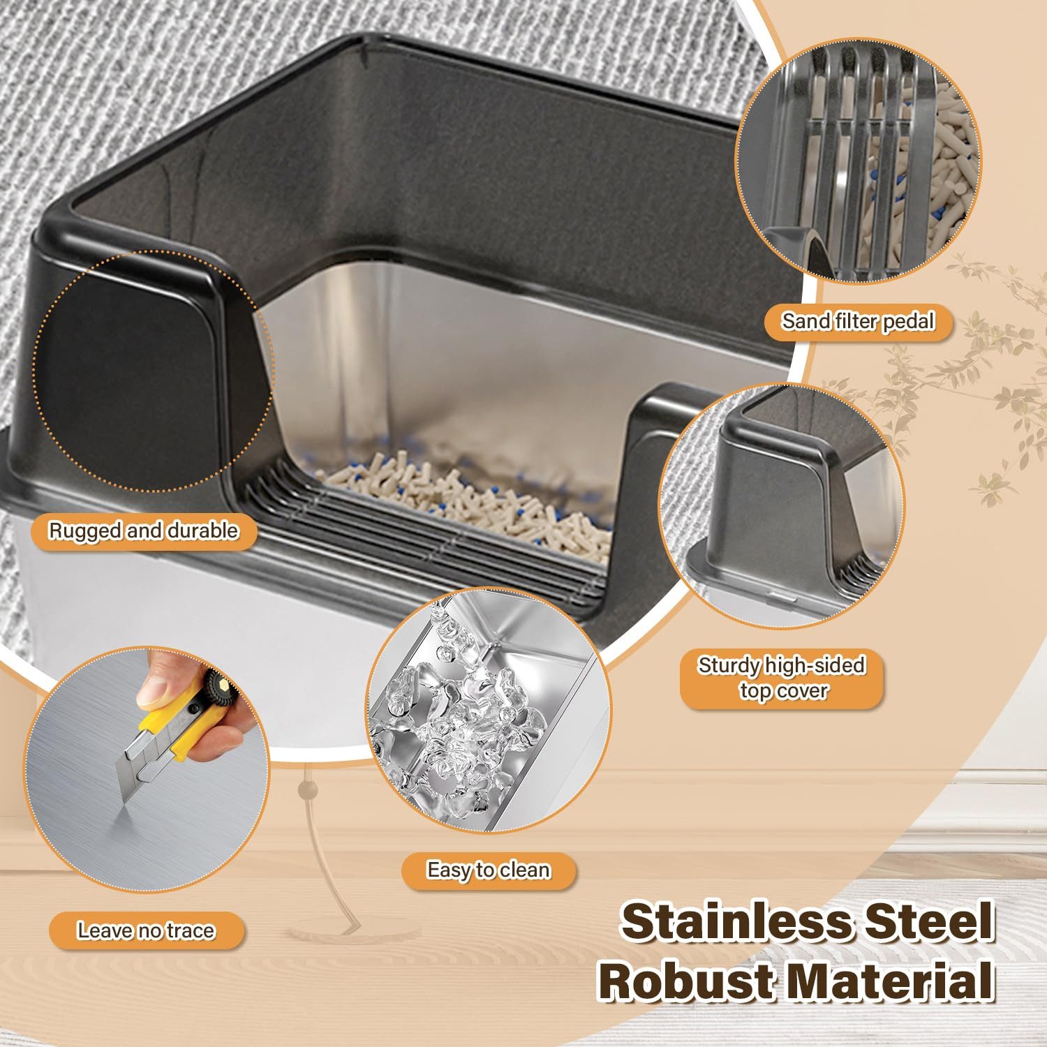 SURFOU Katzentoilette Katzenklo Edelstahl xxl, Halb-Offen Katzentoilette Hoher Rand mit Sieb, 60x40x31,5cm für Große Katzen, Geruchsfreie mit Anti-Rutsch-Matte