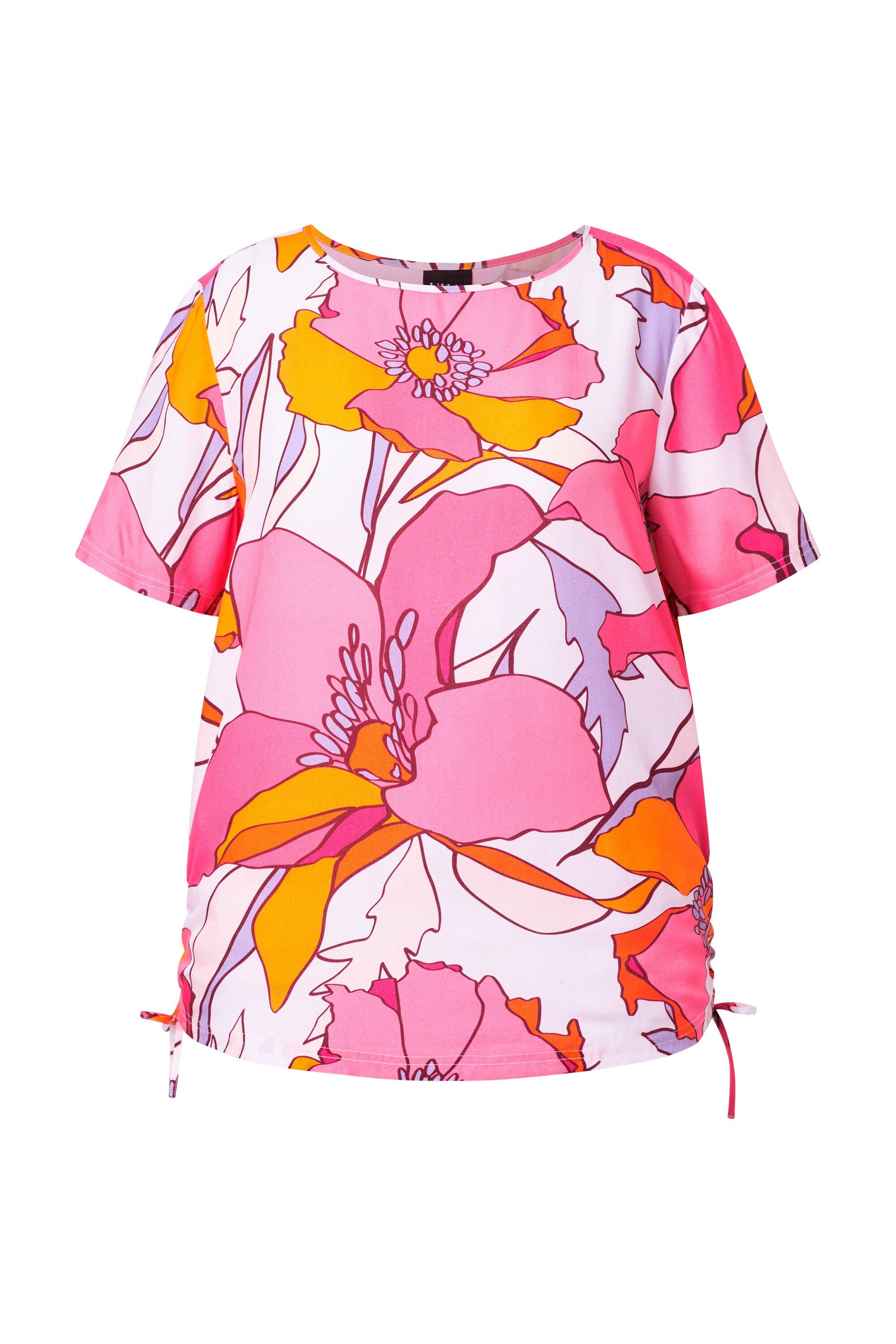 Ulla Popken Longbluse Bluse Blüten Raffbänder Rundhals Halbarm