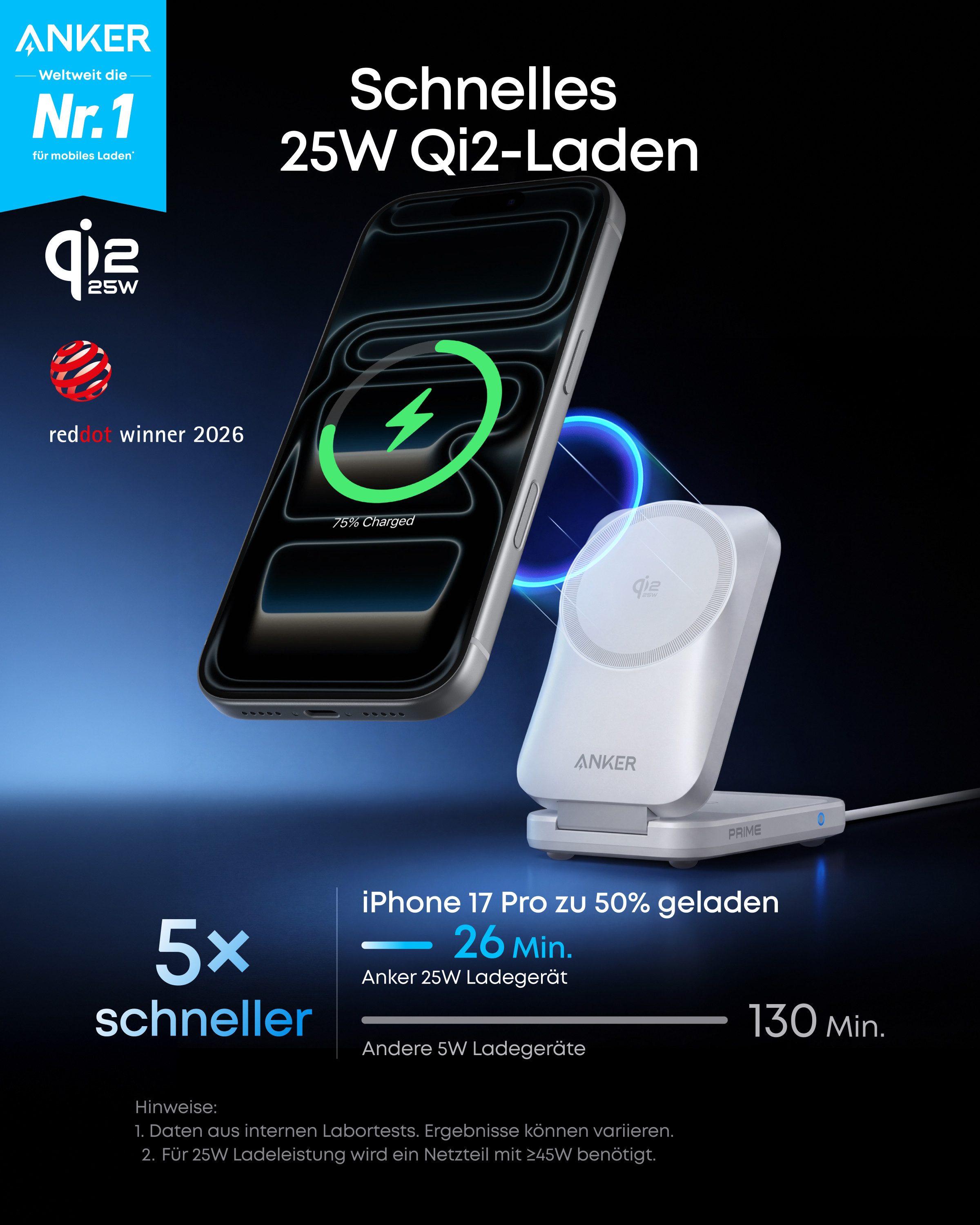 Anker Anker Prime 3-in-1 Ladestation,Qi2.2 25W, AirCool kabelloses Ladegerät Induktions-Ladegerät (MagSafe-kompatibel für iPhone, Apple Watch & AirPods (ohne Akku)