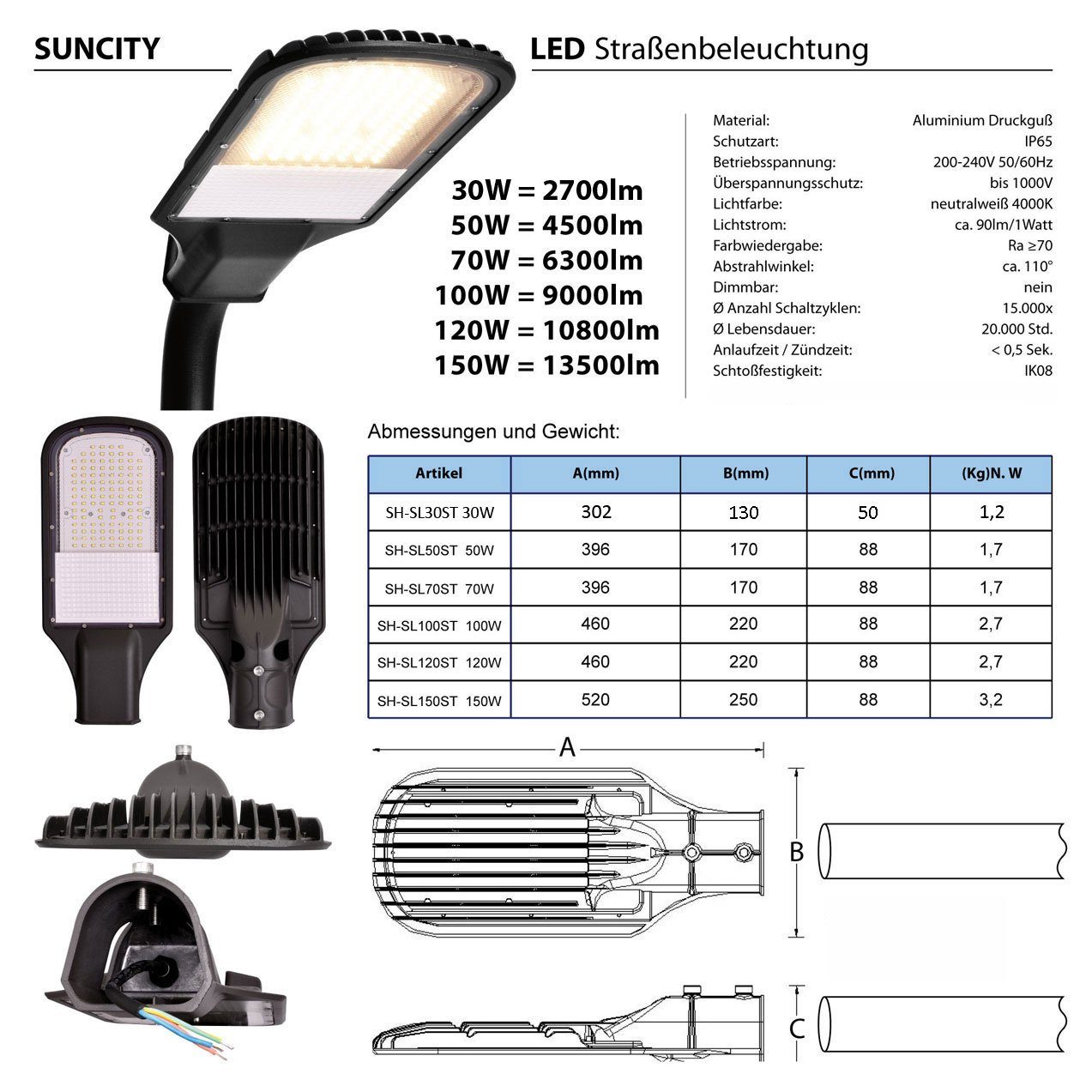 Maxkomfort SunCity, 4000K, Neutralweiß, fest Straßenbeleuchtung, LED, Außen-Wandleuchte LED integriert, Neutralweiß LED Scheinwerfer, Straßenlampe, Pakplatzleuchte, 4000K, Aluminium,