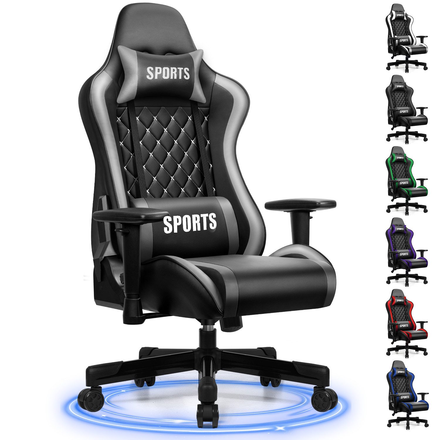 Adormii Gaming-Stuhl Gaming stuhl mit verstellbaren Armlehnen, ergonomisch gaming chair (90°–170° neigbar und arretierbar, gamingstuhl mit gepolsterter Kopfstütze und Lendenkissen, pc stuhl gaming mit verdicktem Sitzkissen, 10cm höhenverstellbarem Sitz, g