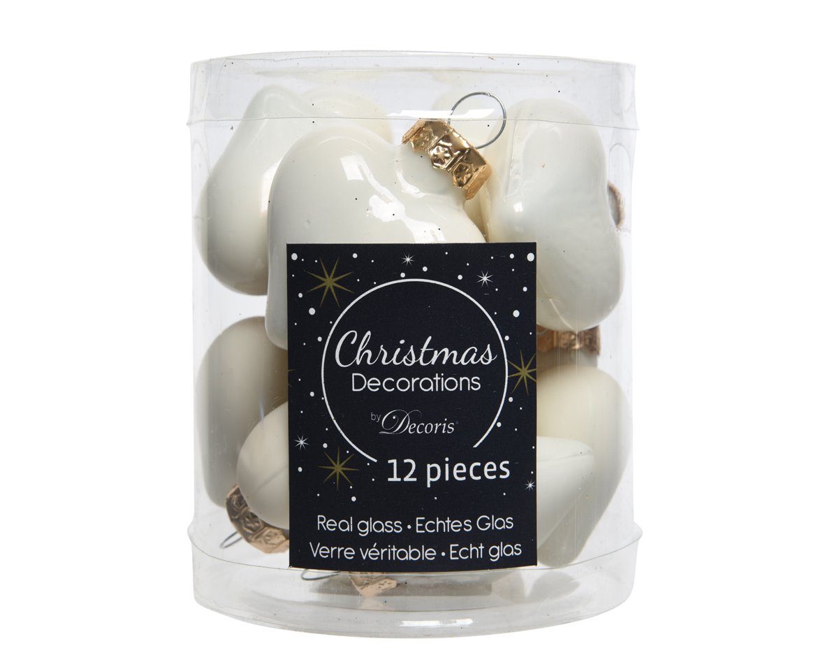 Kaemingk Christbaumschmuck, Christbaumschmuck Herzen 4cm Glas 12 Stück - Wollweiß