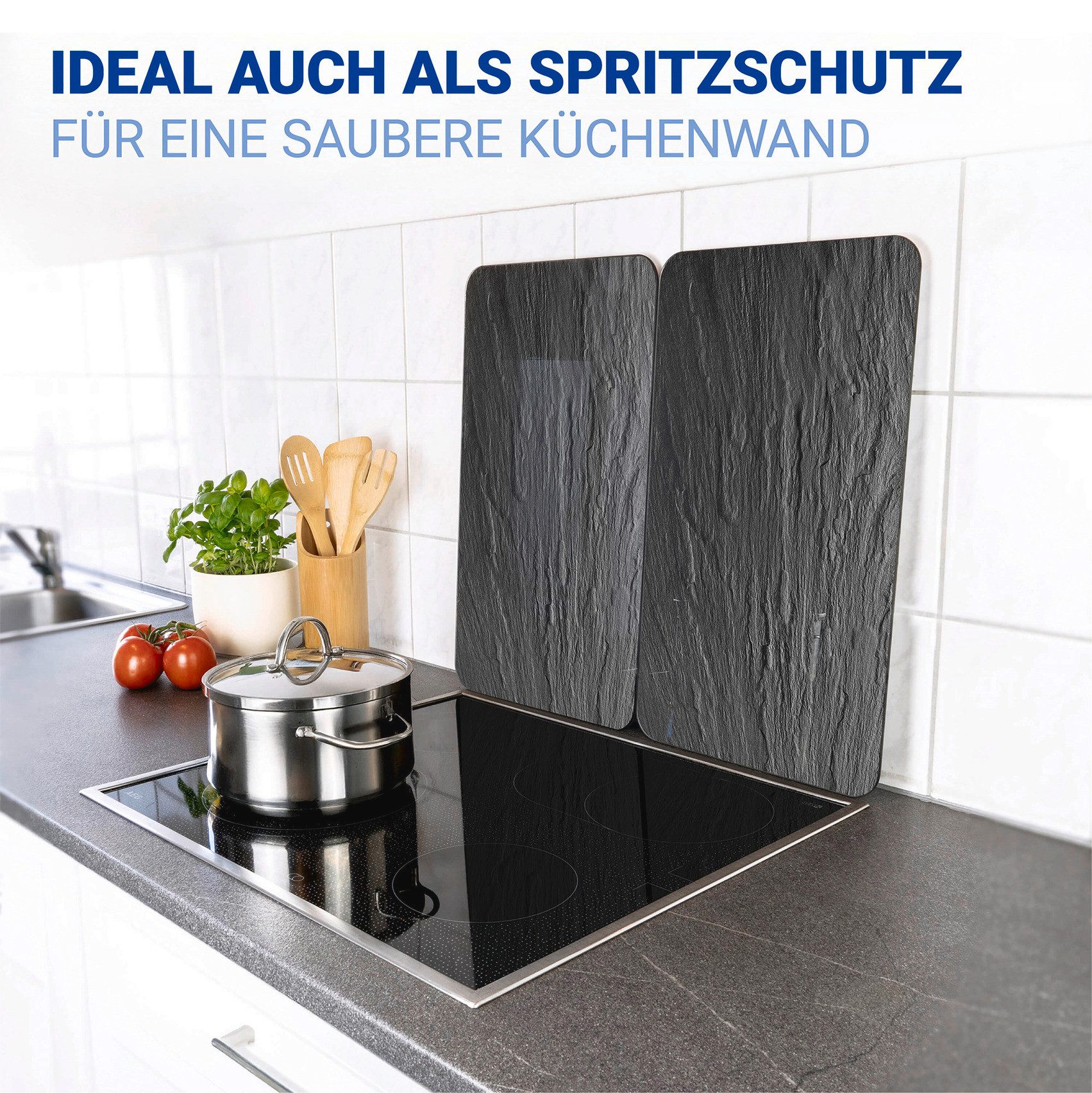 WENKO Herdblende-/Abdeckplatte Universal Modell Schiefer, Glas, (Set, 2 tlg), Herdabdeckung für alle Herdarten, kratzfest, mit rutschfesten Füßen