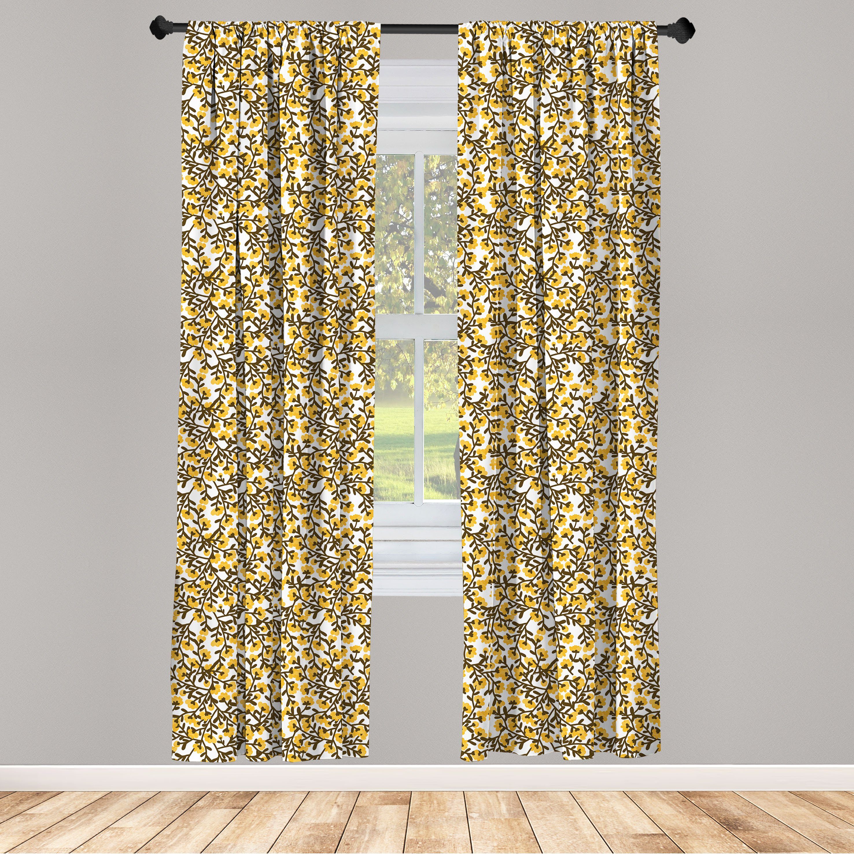 Gardine Vorhang für Wohnzimmer Schlafzimmer Dekor, Abakuhaus, Microfaser, Blumen Retro Look Gelbe Blumen