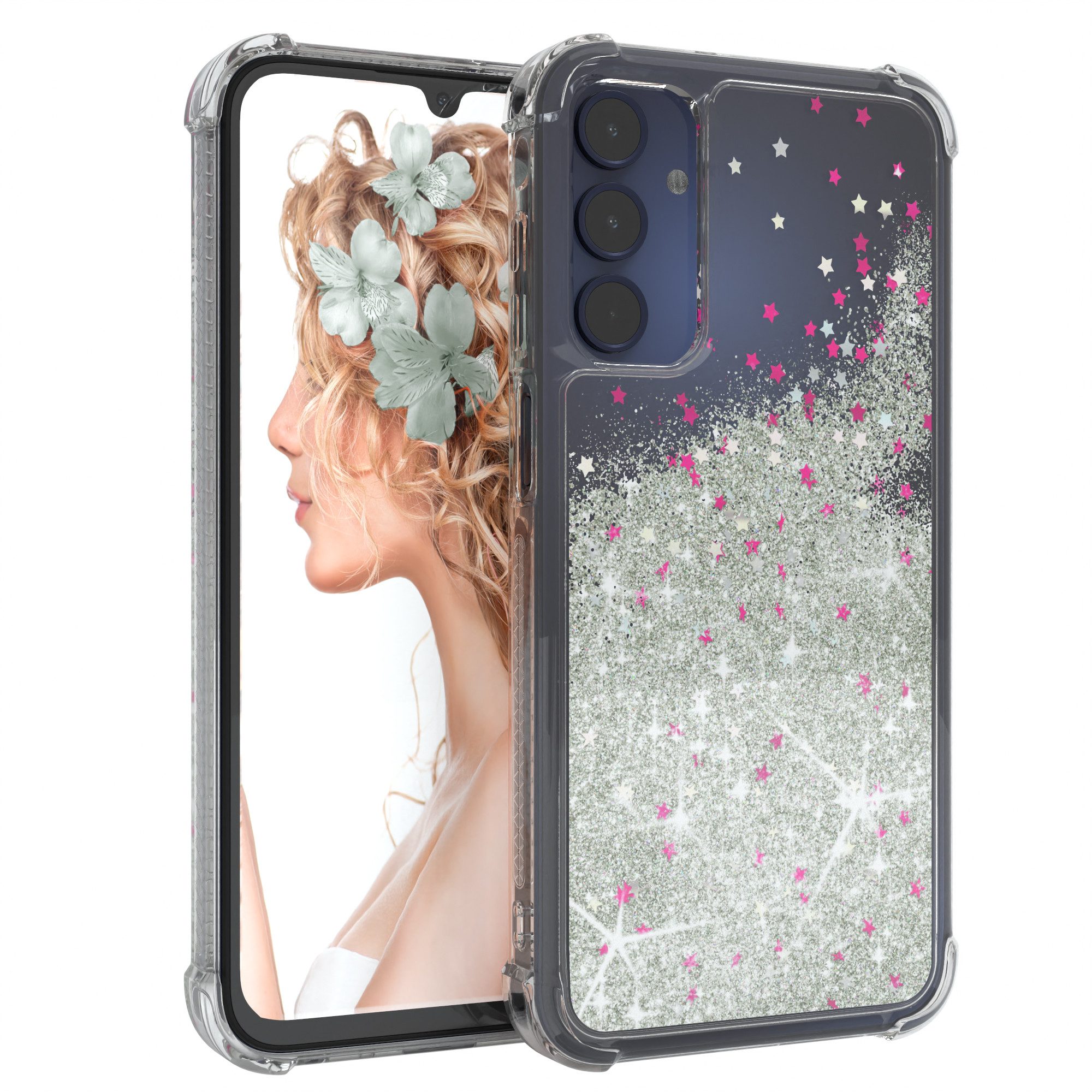 EAZY CASE Handyhülle Liquid Glittery Case für Samsung Galaxy A15 6,5 Zoll, Kratzfeste Silikonhülle stoßfestes Back Cover Phone Case Etui Silber