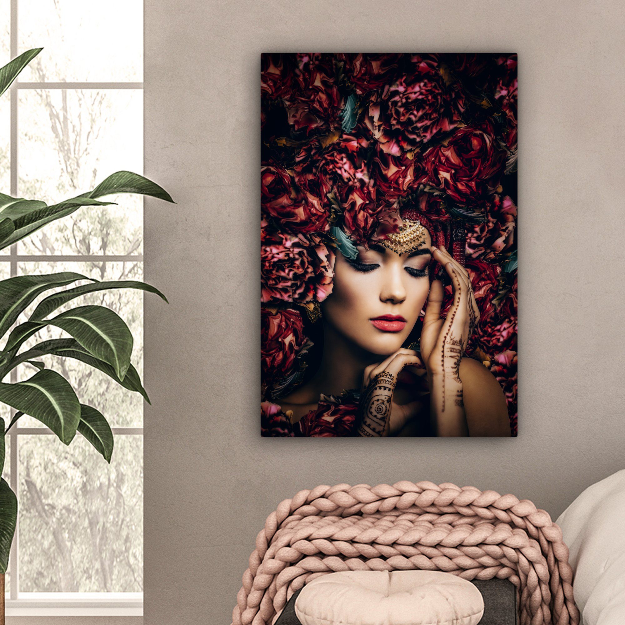 OneMillionCanvasses® Leinwandbild Frau - Blumen - Henna - Porträt, Fotodruck (1 St), Deko für Wohnzimmer Schlafzimmer Küchen 40x60 cm