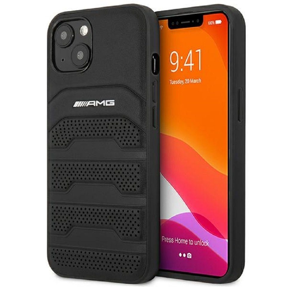 Mercedes Handyhülle Case AMG Echtleder Logo schwarz iPhone 14 Plus 6,7 Zoll, Kantenschutz