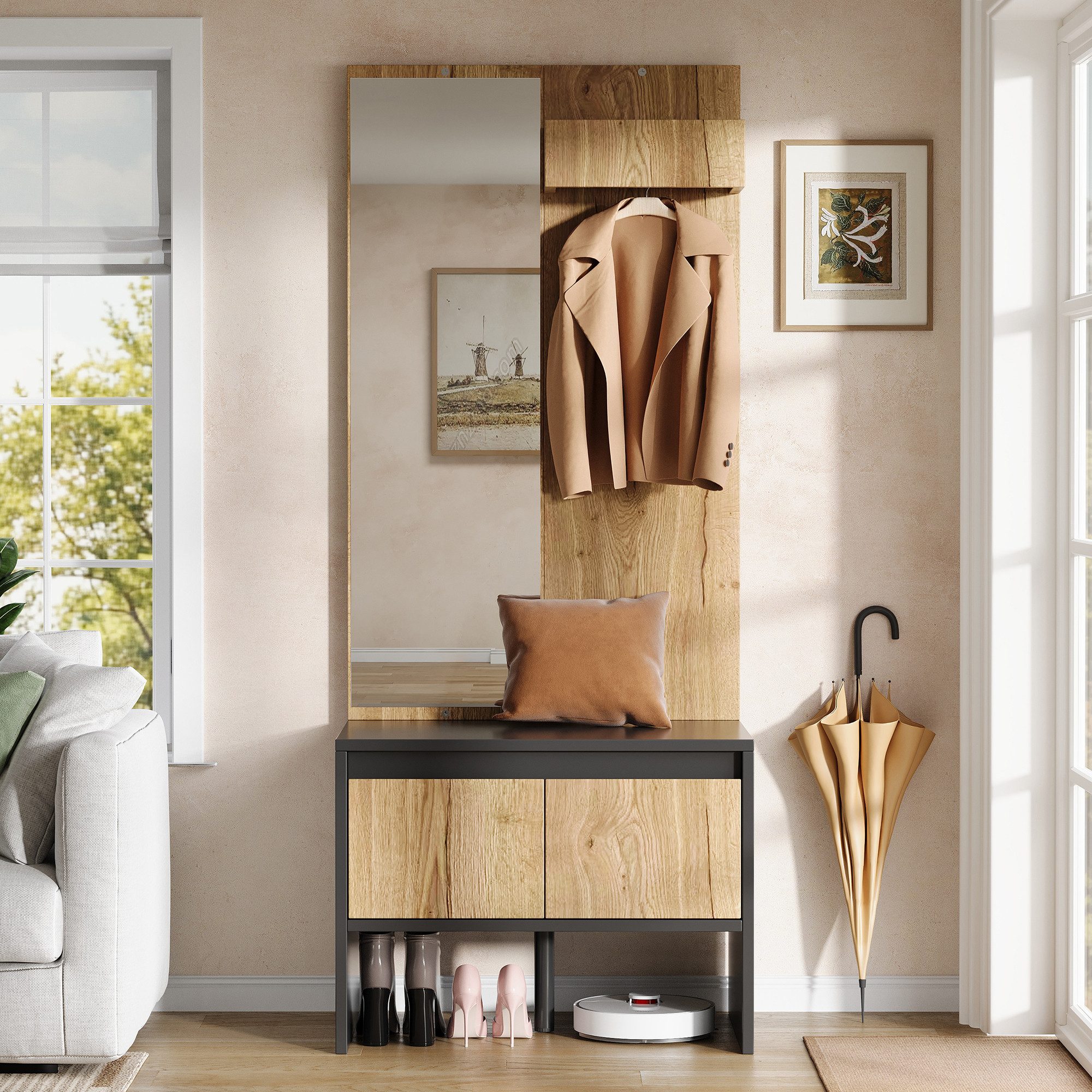 HAUSS SPOLE Garderoben-Set mit Spiegel,Kleiderständer & Schuhbank,Flurschrank Kleiderhaken,Natur, (3-in-1 Eingangsbereich-Möbelset mit Kleiderhaken und 2 Schubladen), Garderobenständer für kleine Flure und Eingangsbereiche