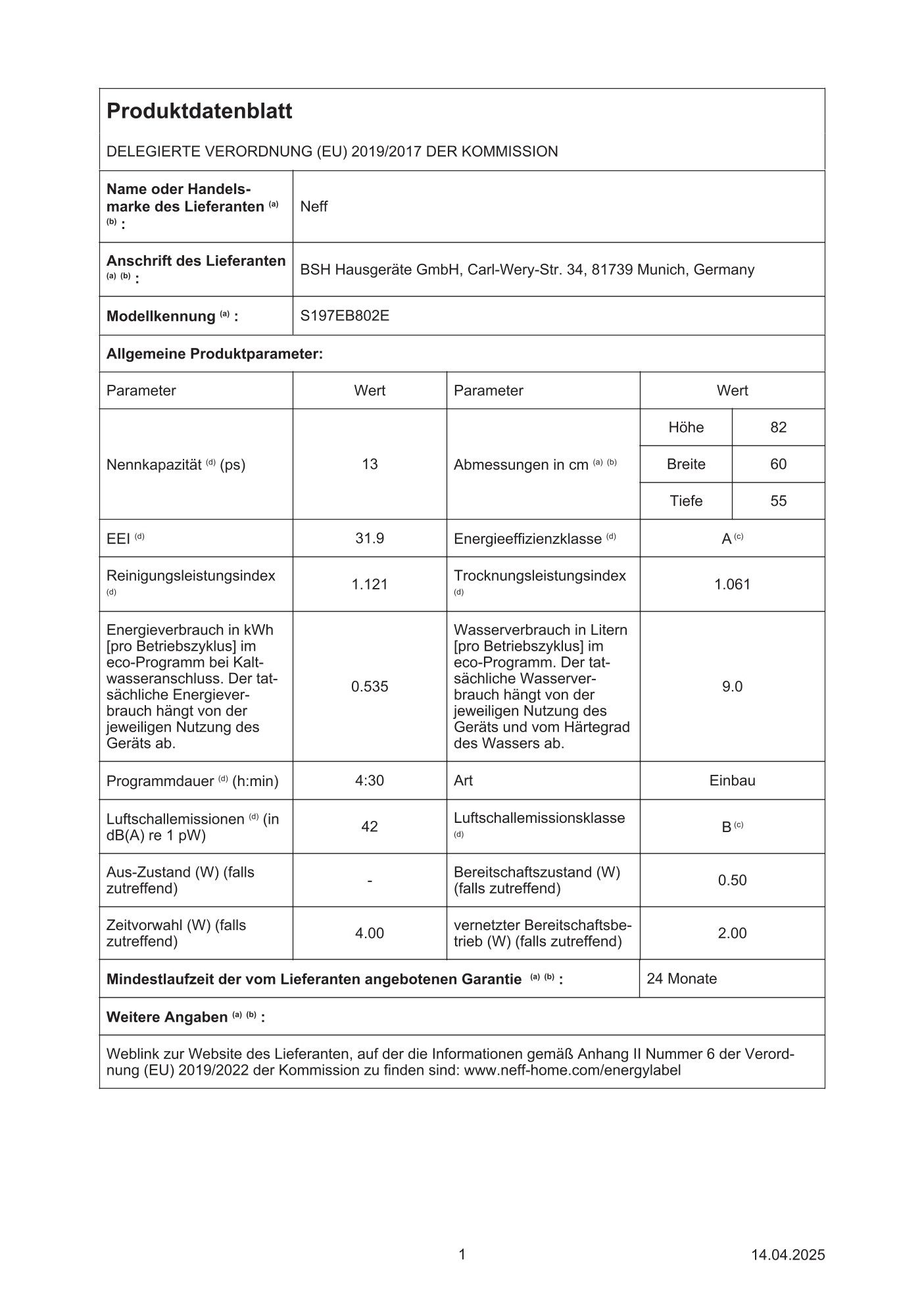 NEFF vollintegrierbarer Geschirrspüler N70 S197EB802E, 13 Maßgedecke, mit Vario Scharnier